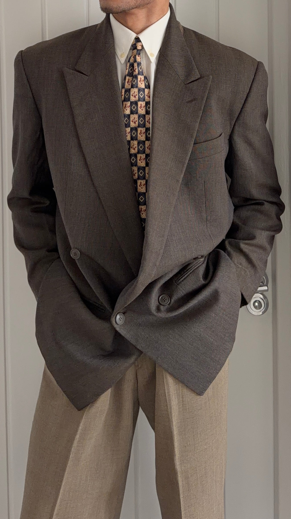 Giorgio Armani 1980s Peaked Lapel Double Breasted Wool Sport Jacket Blazer Brown - Size L