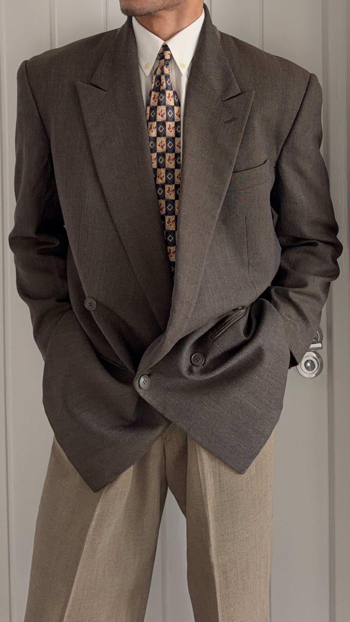 Giorgio Armani 1980s Peaked Lapel Double Breasted Wool Sport Jacket Blazer Brown - Size L
