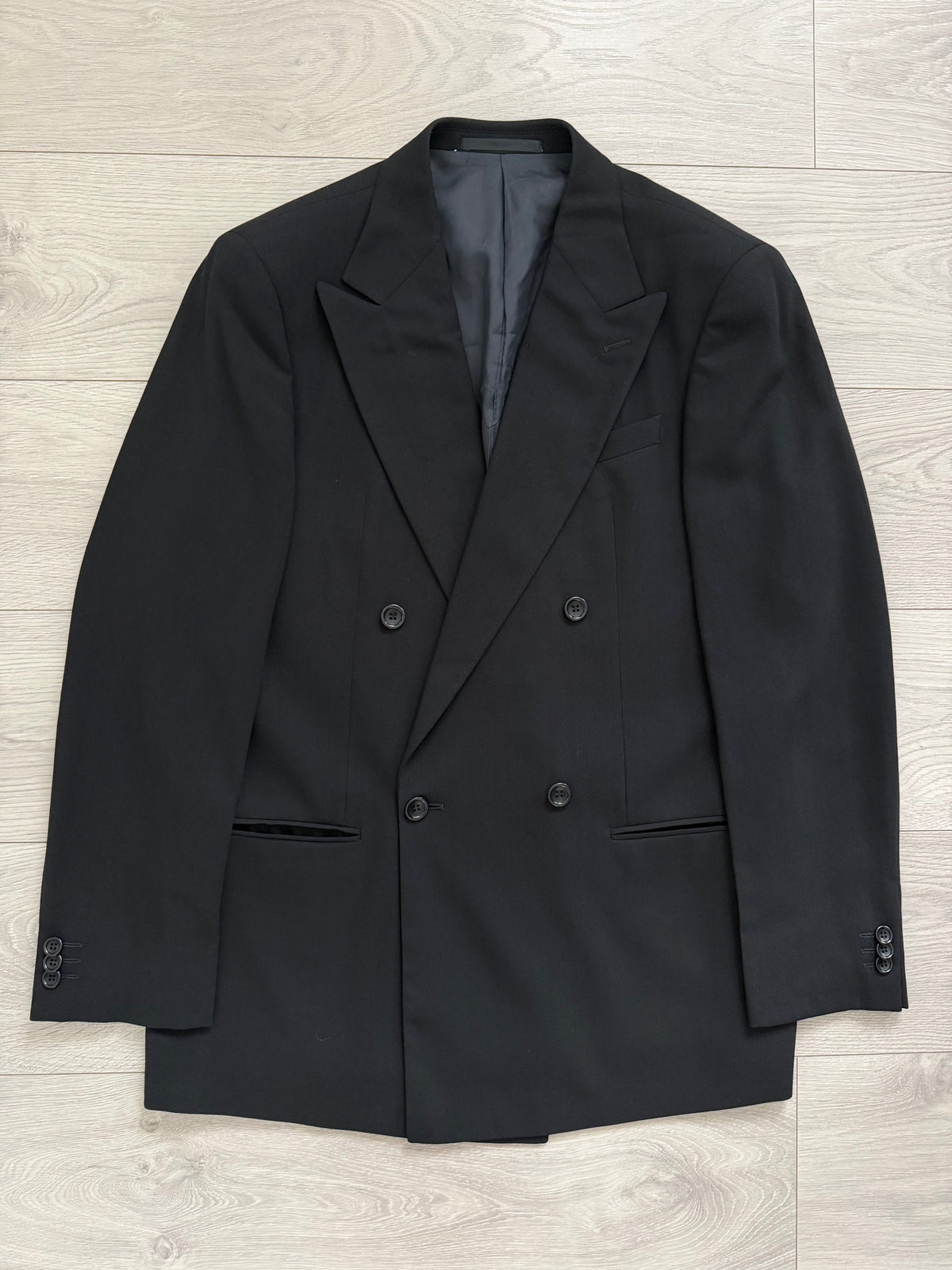 Armani 1990s Peaked Lapel Double Breasted Pleated Wool Suit Black - Size L Jacket / 34" Waist