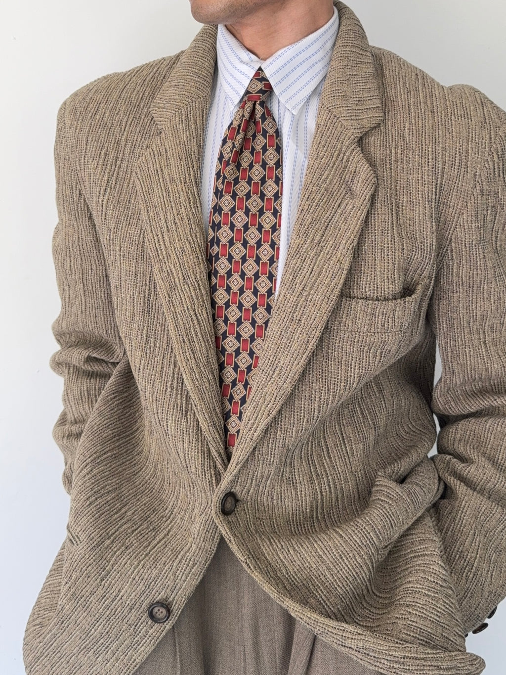 Emporio Armani 1990s 3D 'Tree Bark' Textured Wool Rayon Sports Jacket Blazer - Size L