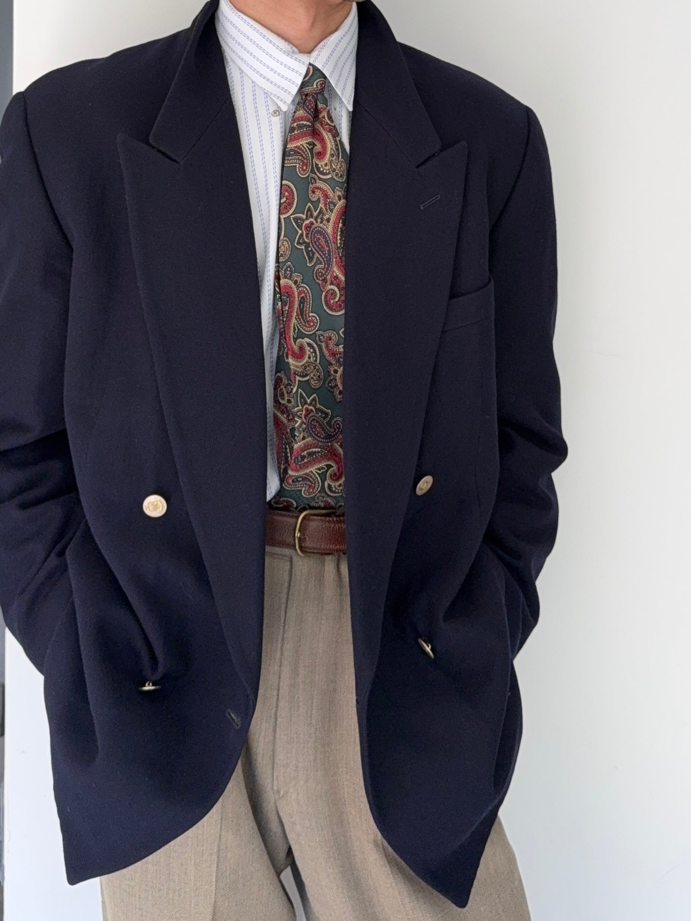 Emporio Armani 1980s Metal Button Double Breasted Wool Sports Blazer Jacket Navy - Size L