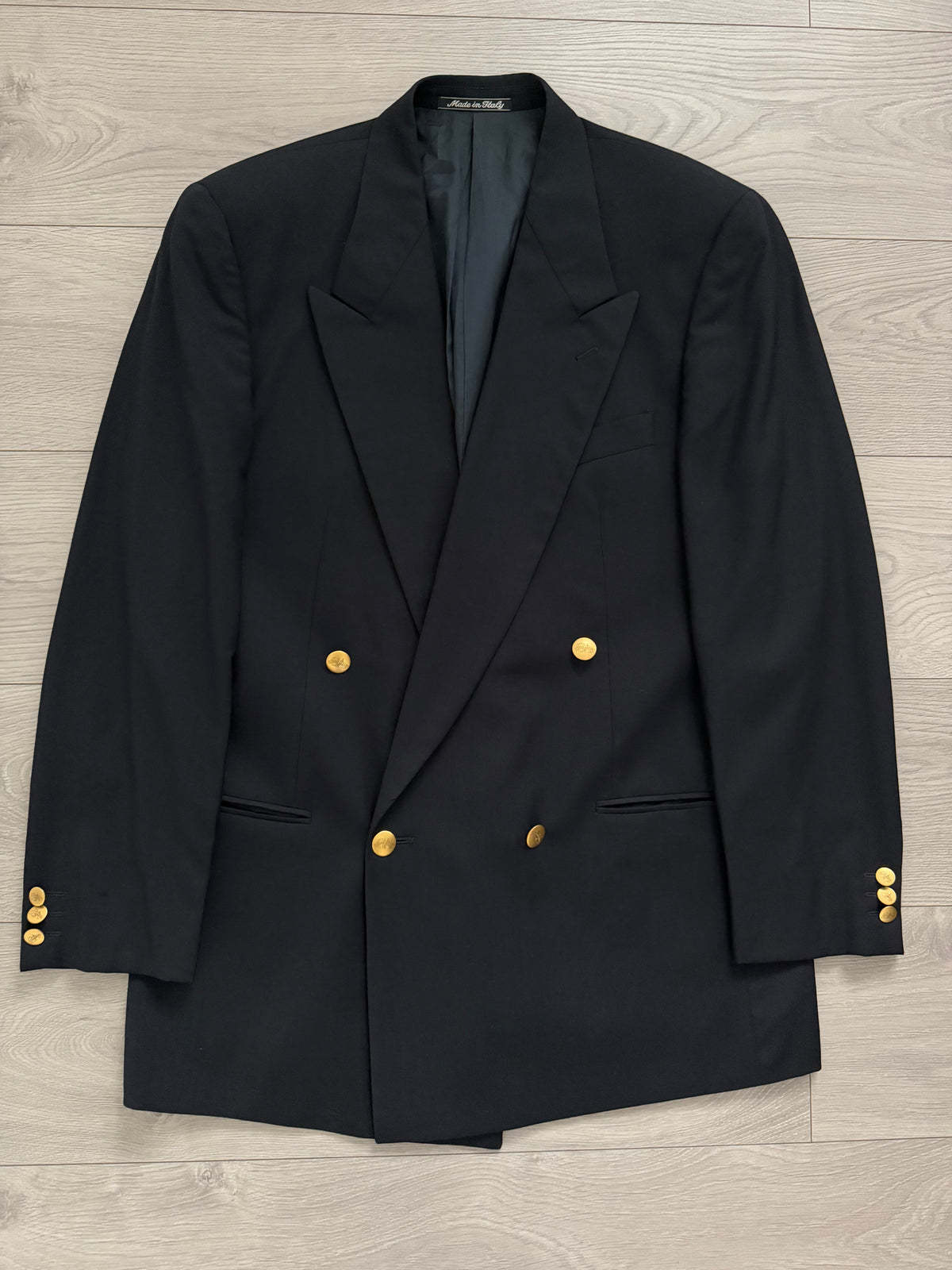 Giorgio Armani 1980s Peaked Lapel Double Breasted Metal Button Wool Sport Jacket Blazer Navy  - Size L