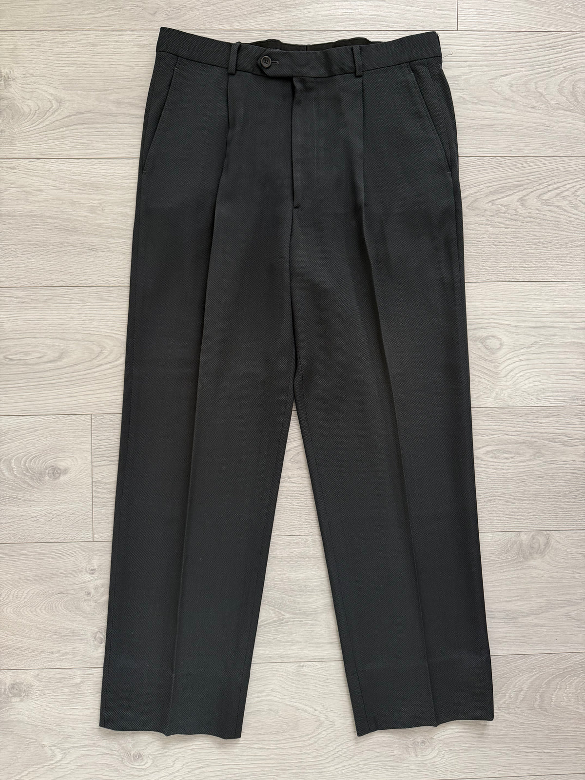 Armani 1990s Peaked Lapel Double Breasted Pleated Wool Silk Suit Dark Forest Green - Size L Jacket / 34" Waist