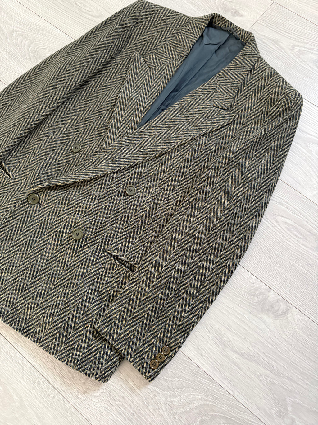 Hilton Armani 1980s Peaked Lapel Double Breasted Herringbone Sports Jacket Blazer - Size S