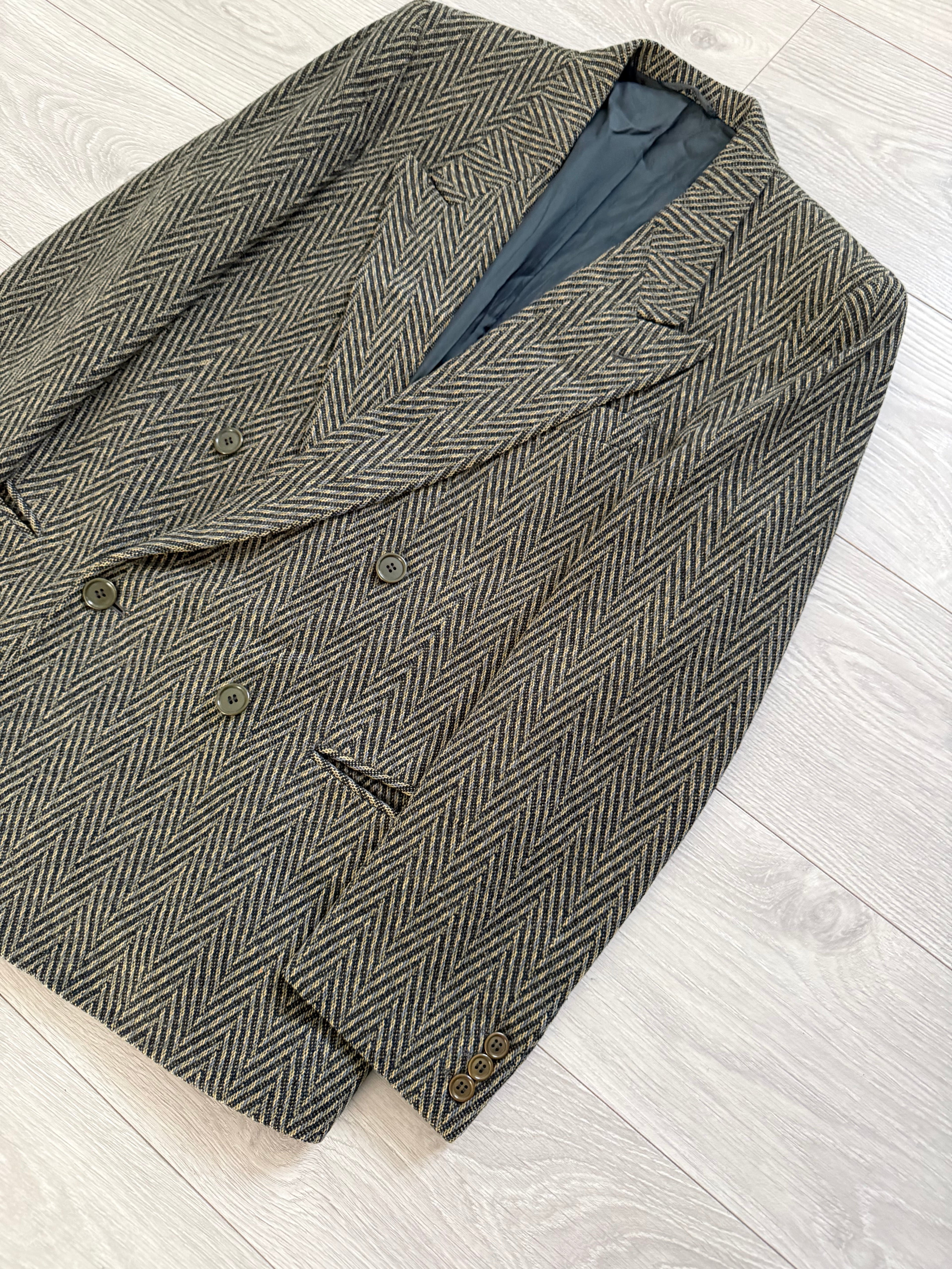 Hilton Armani 1980s Peaked Lapel Double Breasted Herringbone Sports Jacket Blazer - Size S