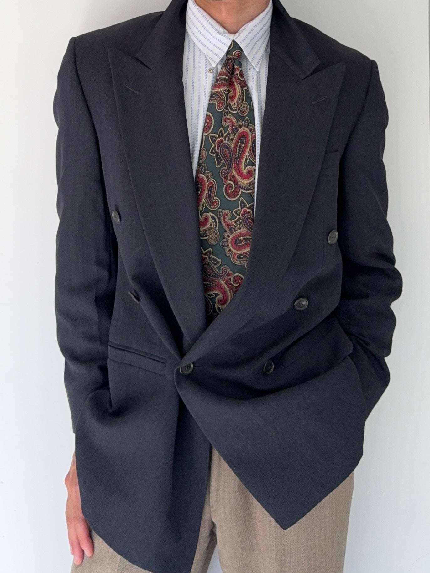 Versace 1980s 6B Double Breasted Peaked Lapel Textured Wool Sports Blazer Jacket - Size S