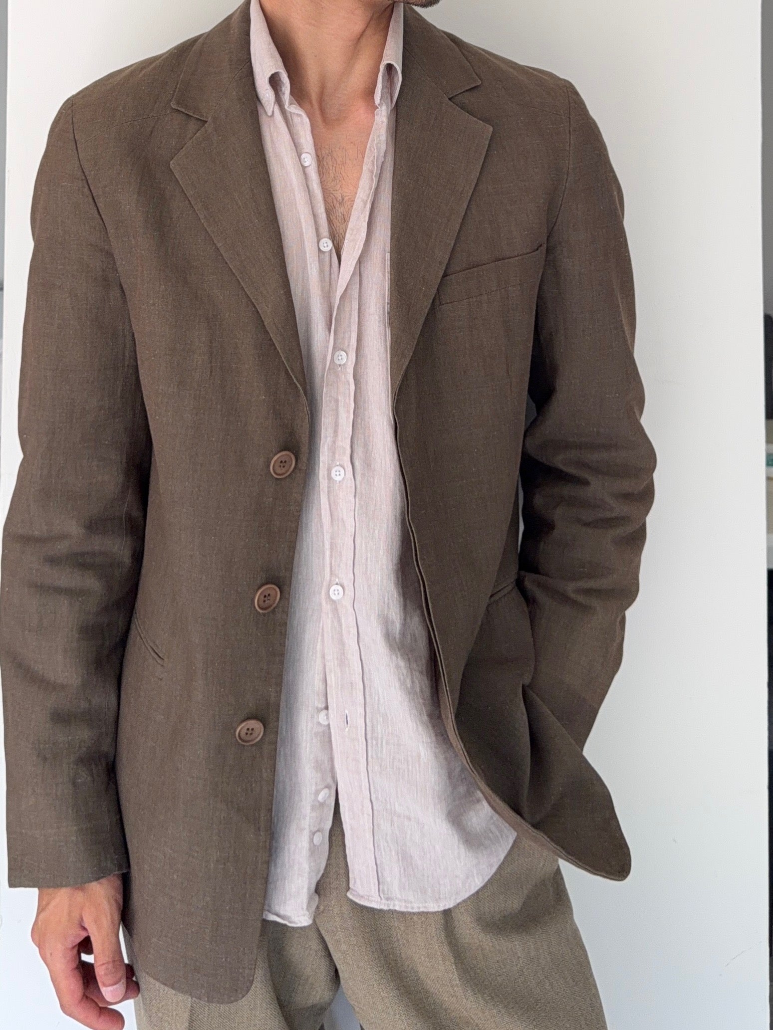Emporio Armani 1990s 3B Linen Cotton Brown Sports Jacket Blazer - Size S