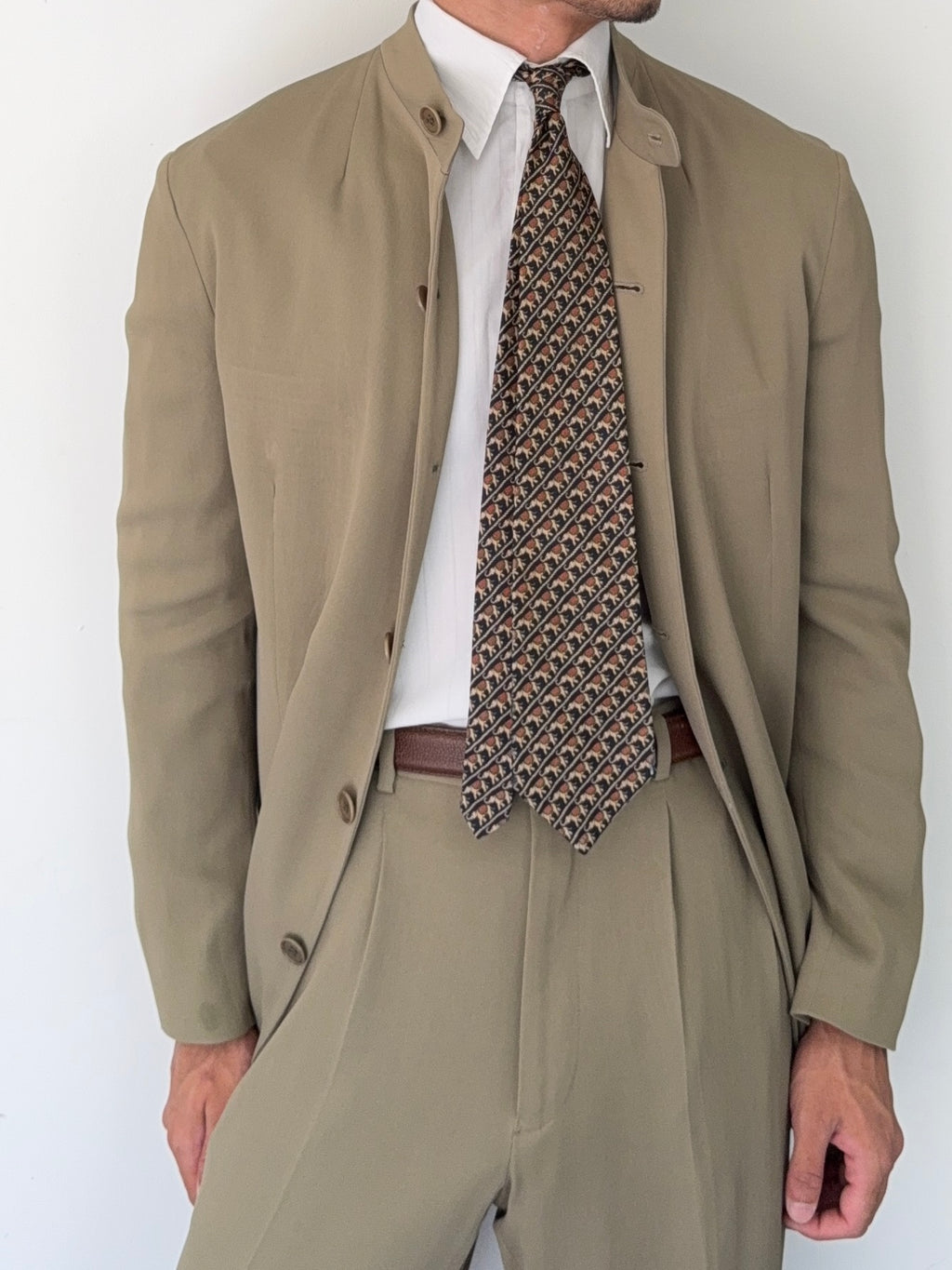 Emporio Armani AW1995 Nehru Collar Draped Khaki Taupe Suit - Size S Jacket / 30" Waist