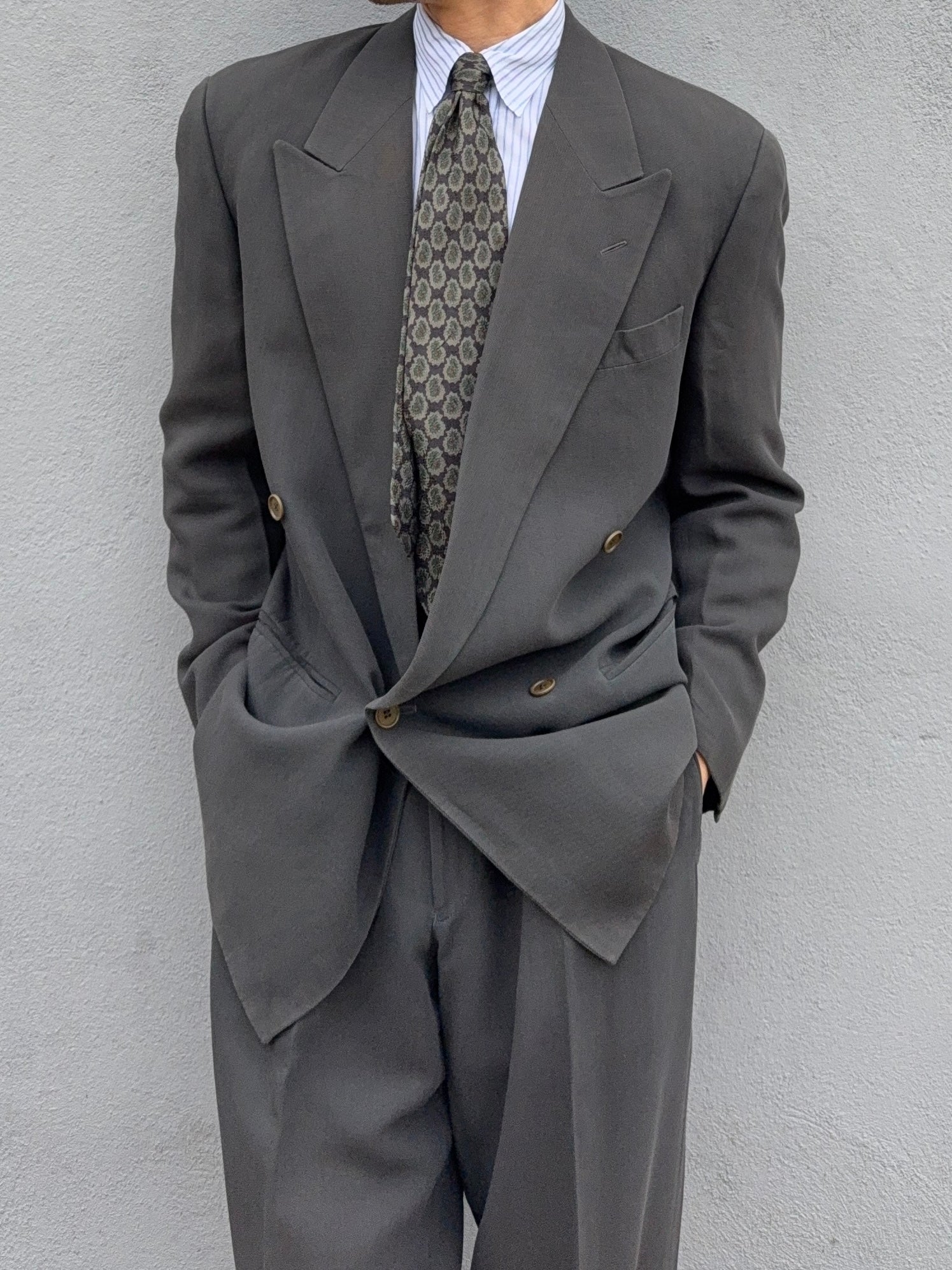 Emporio Armani 1990s Double Breasted Pleated Wool Grey Suit - Size M Jacket / 31" Waist