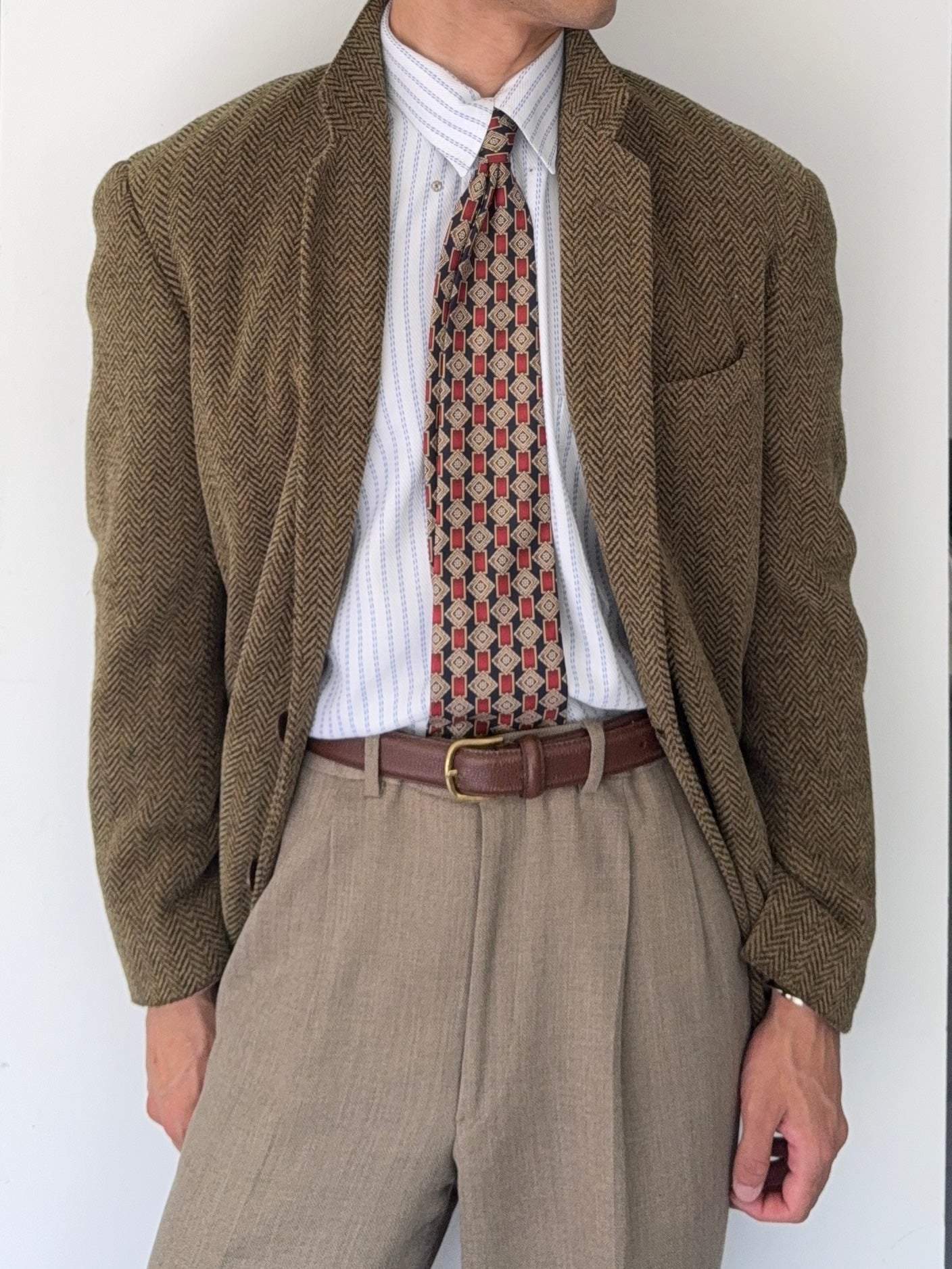 Emporio Armani 1990s 2B Herringbone Wool Textured Green Brown Sports Blazer Jacket - Size M