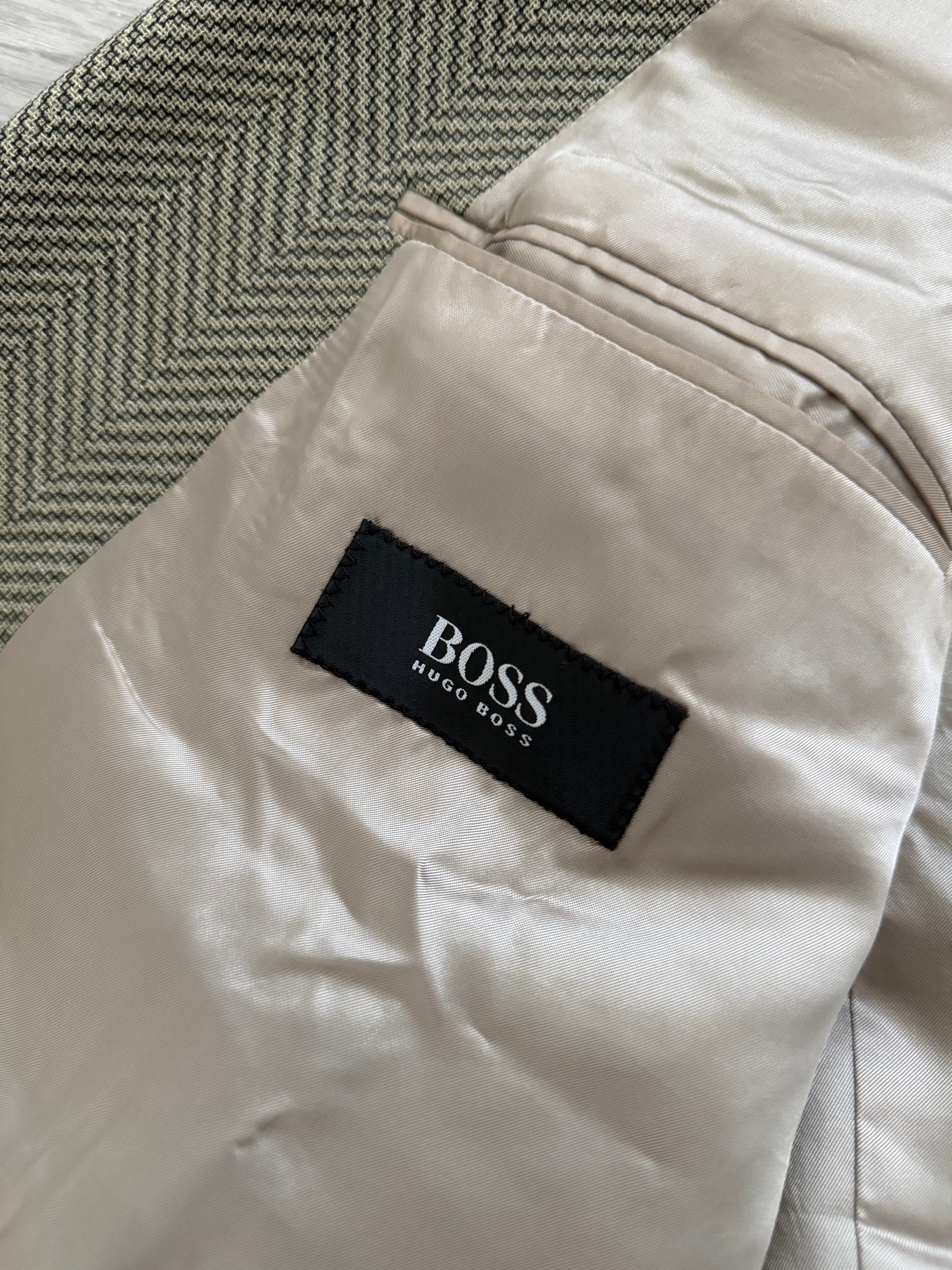 Hugo Boss 1980s 'Zeus' Peaked Lapel Double Breasted Herringbone Wool Sports Blazer Jacket - Size L