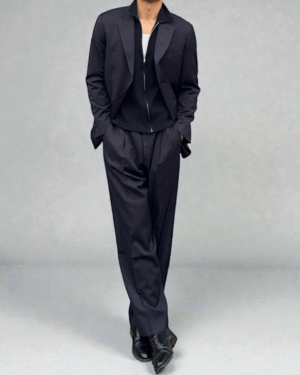 Armani 1990s Pleated 3B Striped Navy Wool Suit - Size M Jacket / 38" Waist