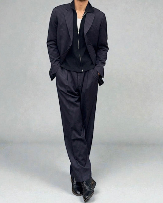 Armani 1990s Pleated 3B Striped Navy Wool Suit - Size M Jacket / 38" Waist