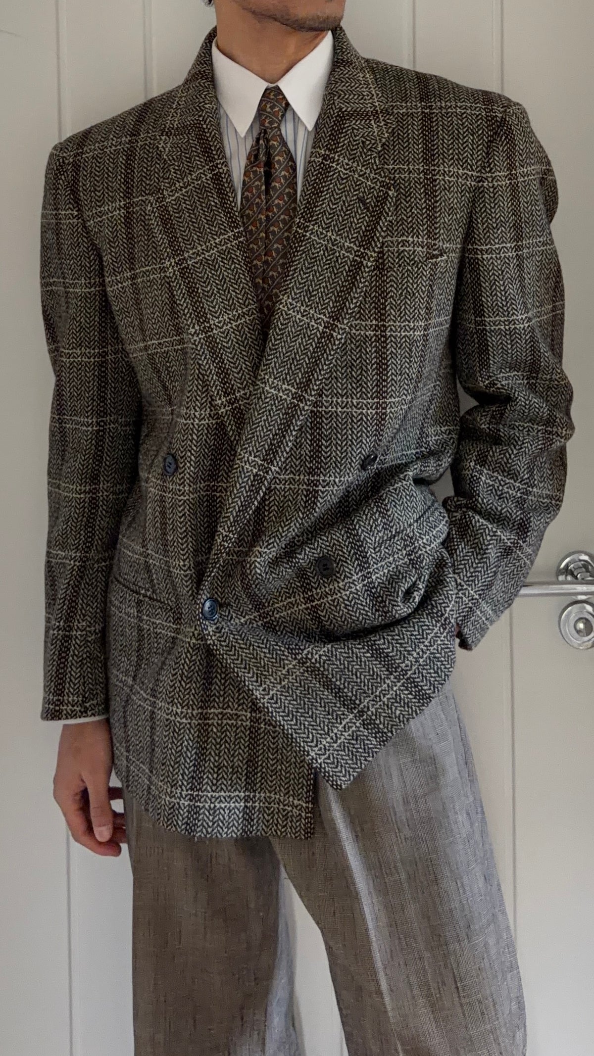 Giorgio Armani Double Breasted Check Wool Textured Sport Jacket Blazer - Size M