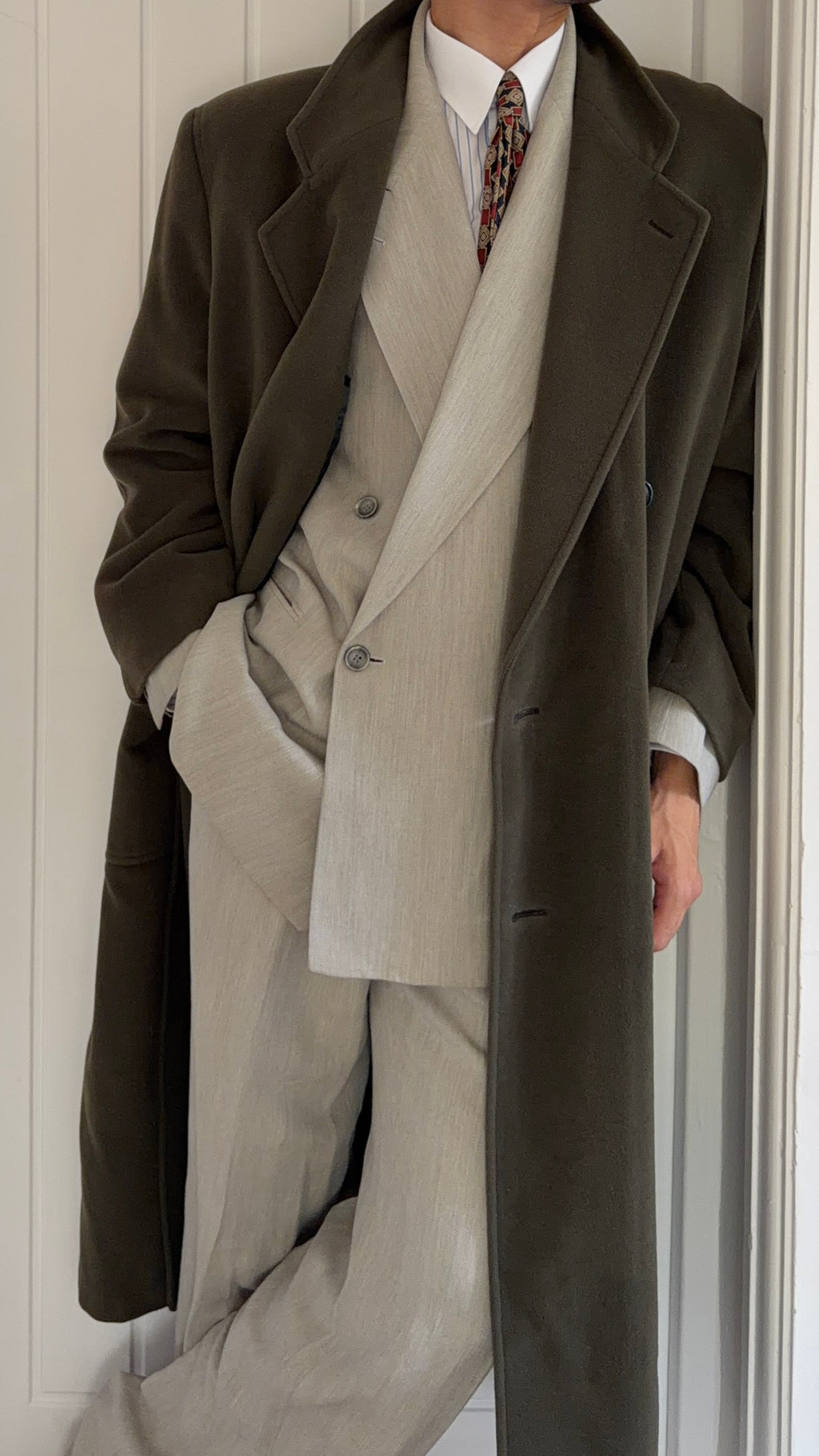 Giorgio Armani 1980s Double Breasted Long Wool Overcoat Green - Size M