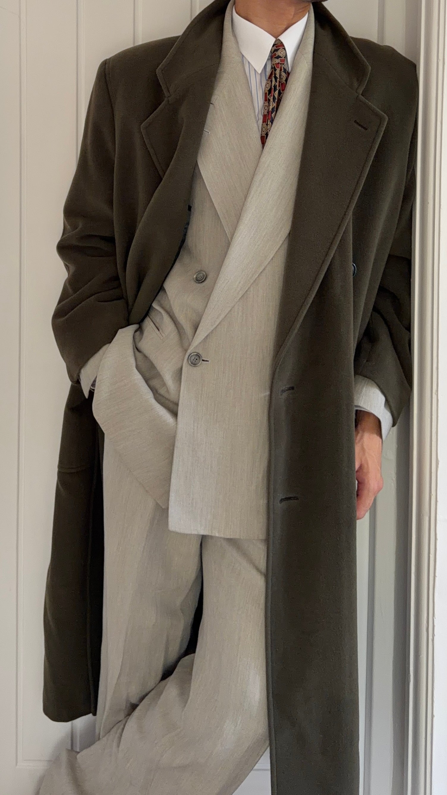 Giorgio Armani 1980s Double Breasted Long Wool Overcoat Green - Size M