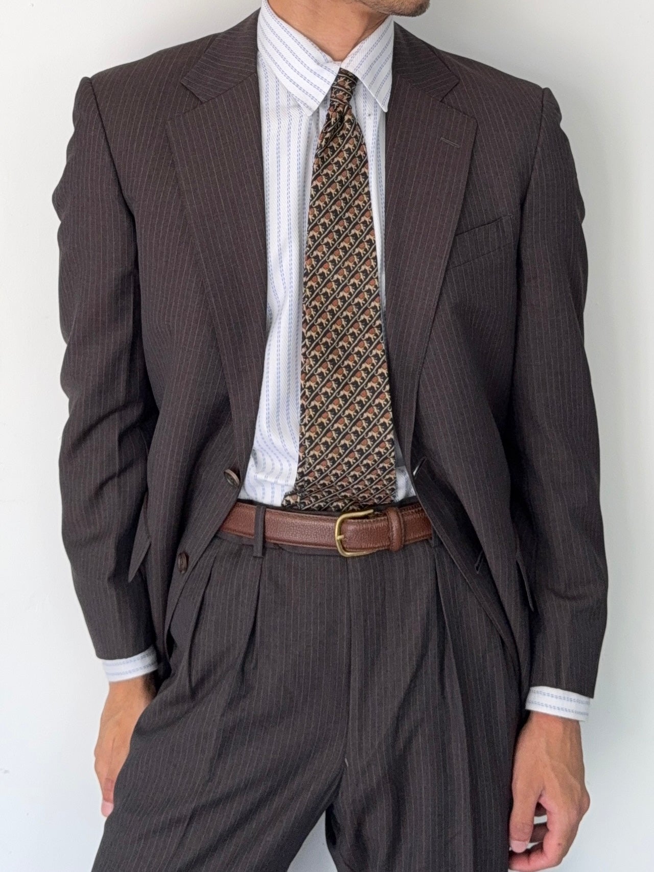 Burberry 1990s 2B Striped Wool Double-Pleat Espresso Grey Suit - Size M Jacket / 33" Waist