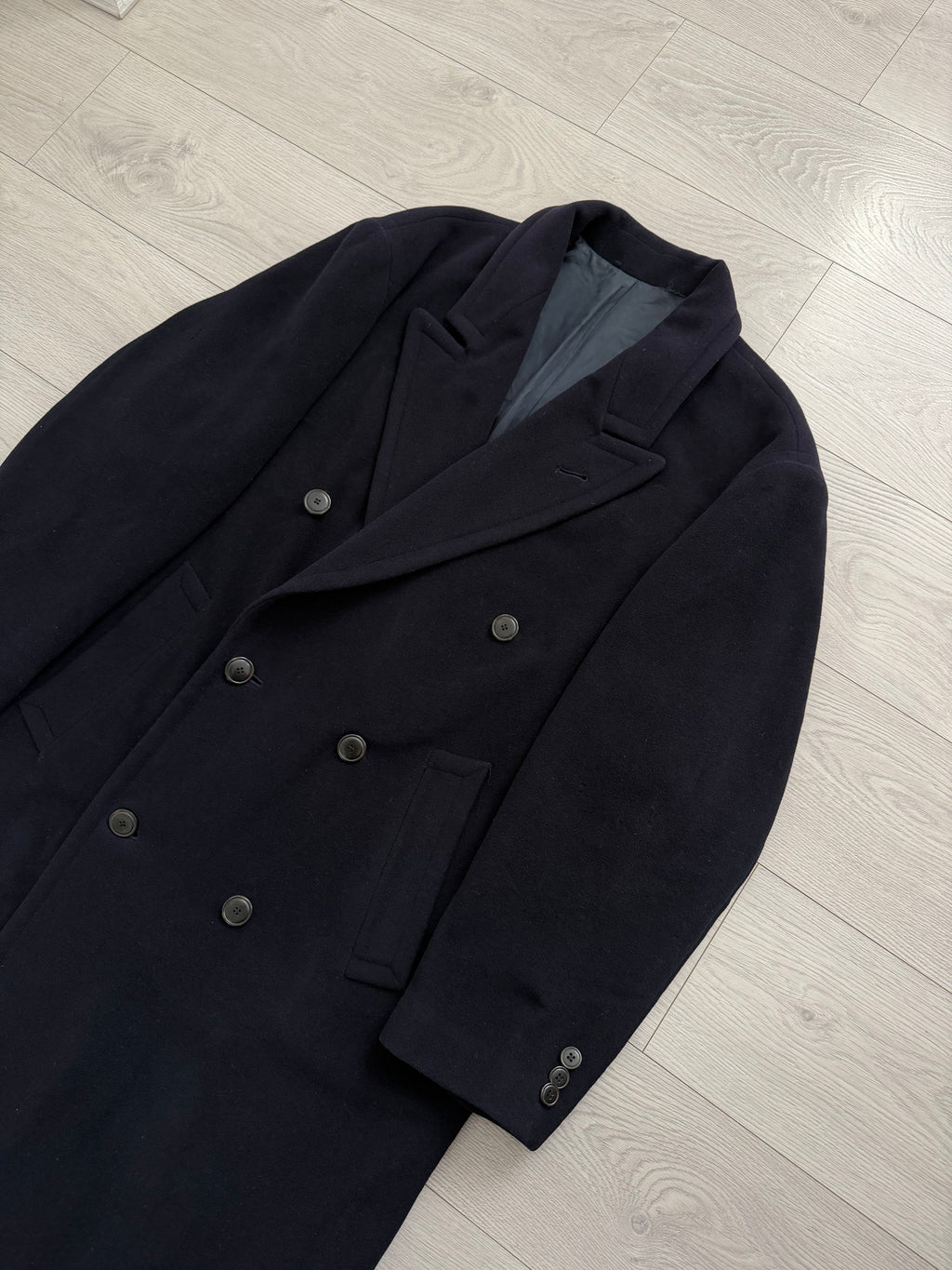 Hugo Boss 1980s 'Yamaha' Peaked Lapel Navy Wool Overcoat - Size XXL