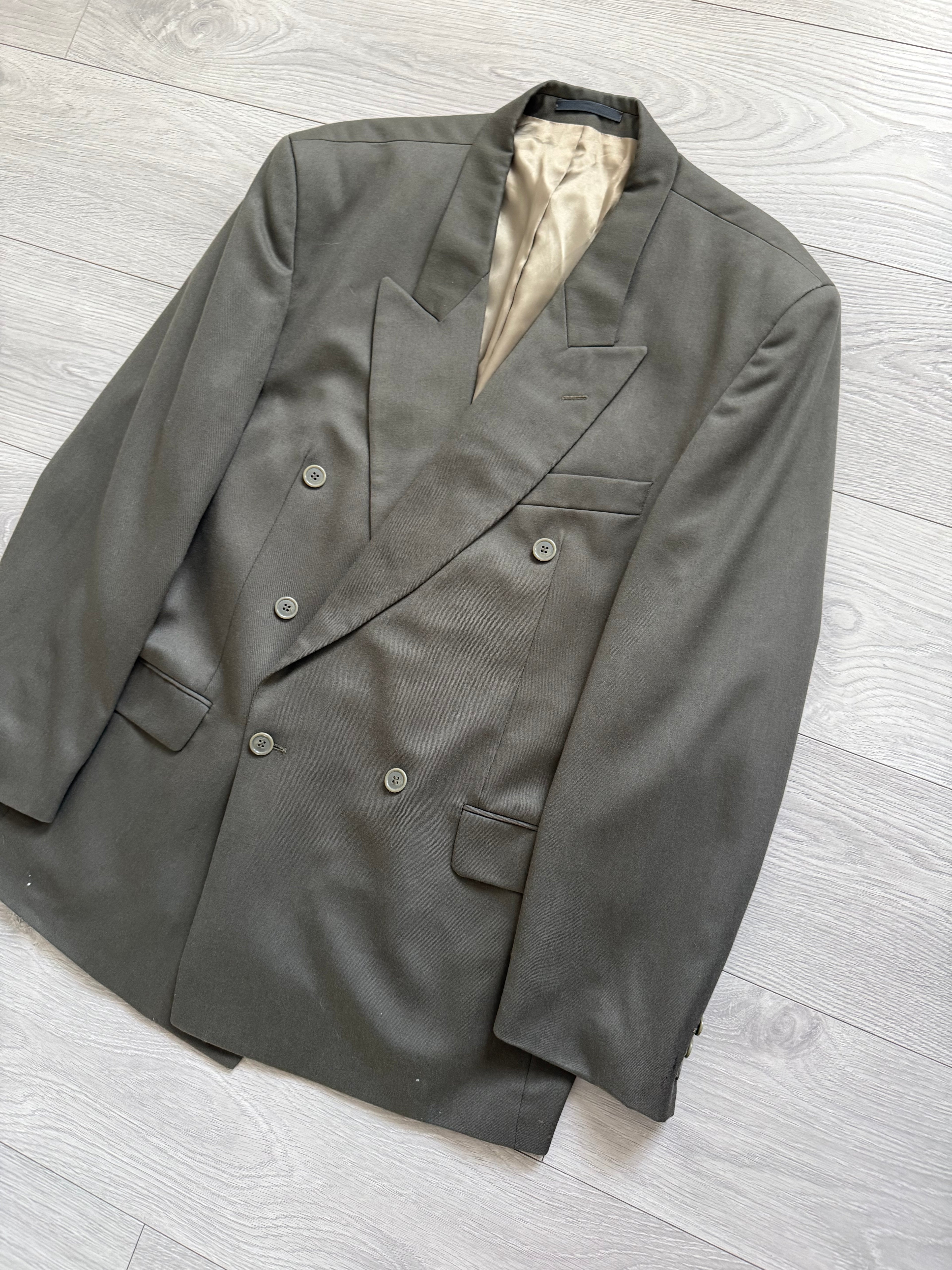 1980s Vintage Peaked Lapel Double Breasted Pleated Pure New Wool Olive Green Suit - Size XL Jacket / 34" Waist