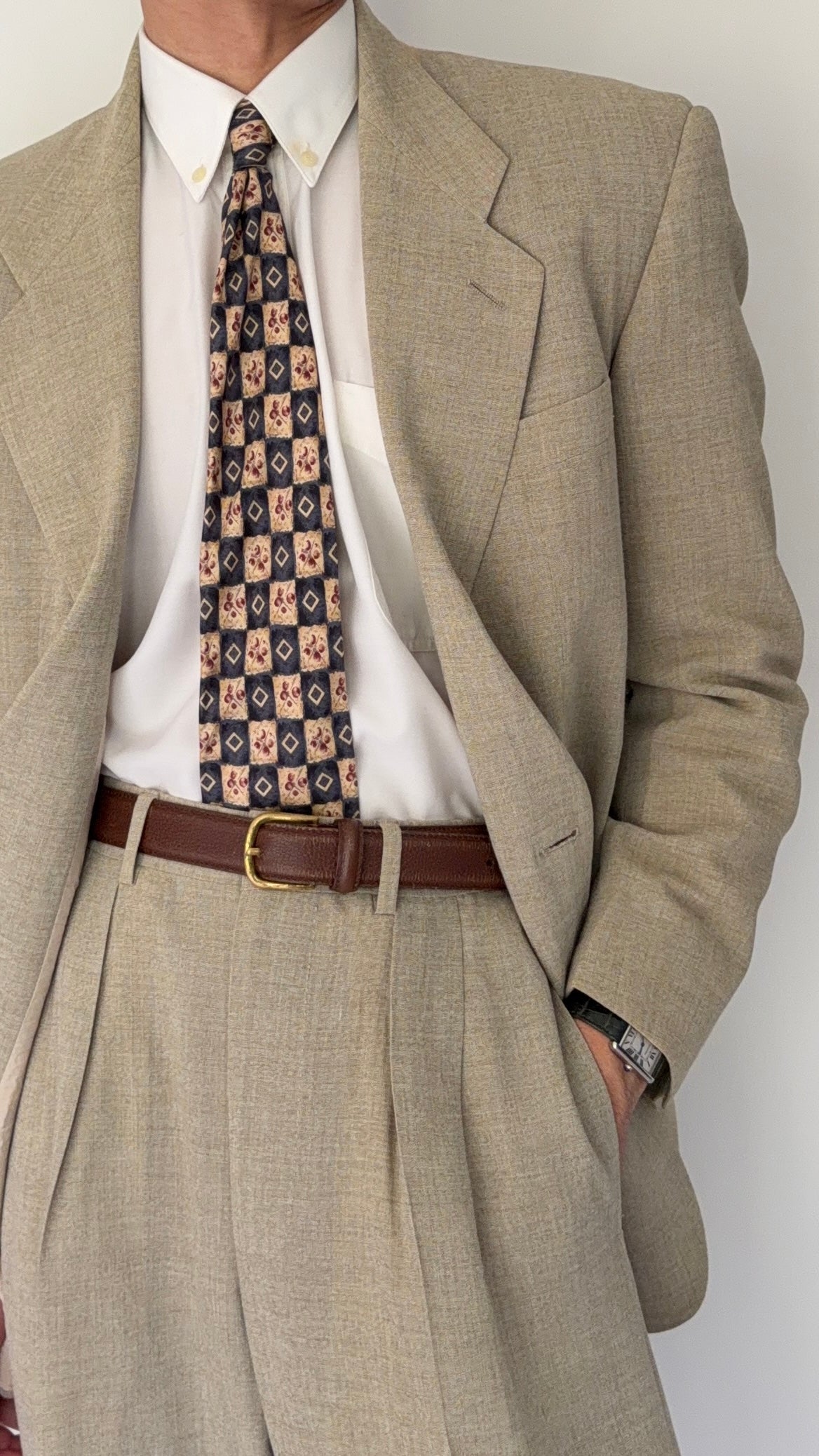Giorgio Armani Black Label 1990s 2B Pleated Rayon Wool Draped Suit Taupe Beige - Size S Jacket / 29" Waist