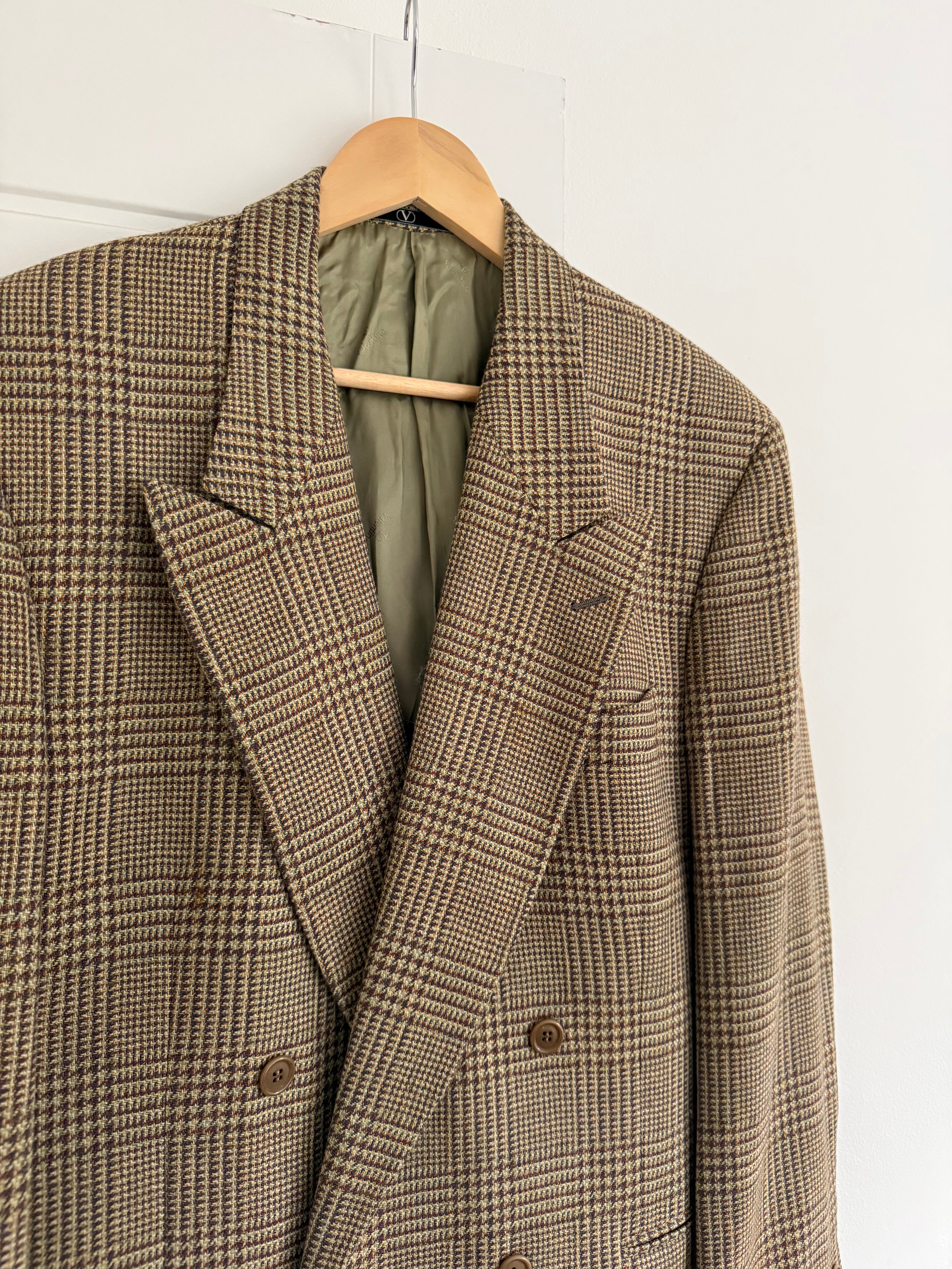 Valentino 1980s Peaked Lapel Double Breasted Textured Wool Sports Blazer Jacket - Size L