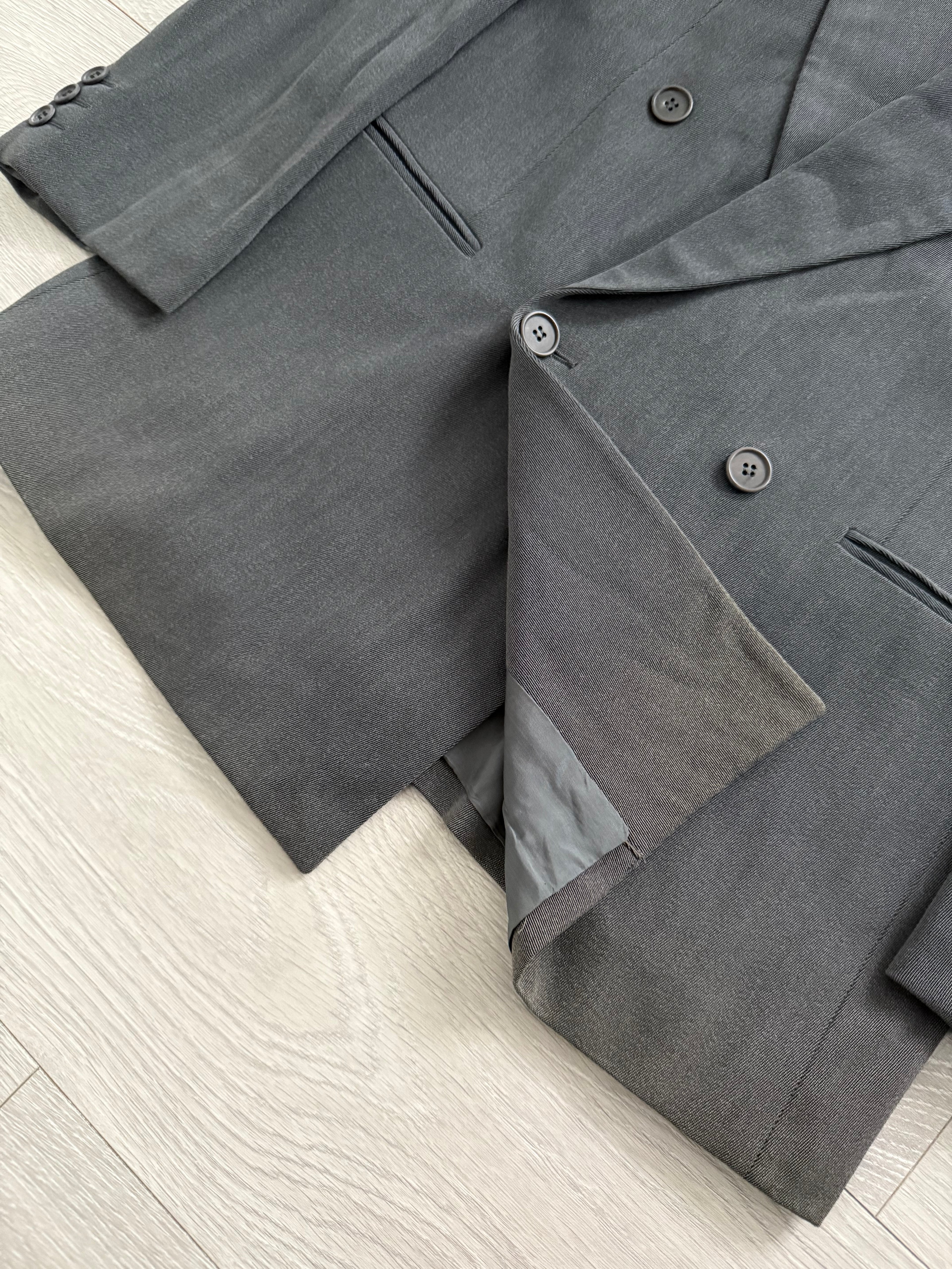 Giorgio Armani 1980s Double Breasted Pleated Wool Suit Steel Charcoal New - Size L Jacket / 32" Waist
