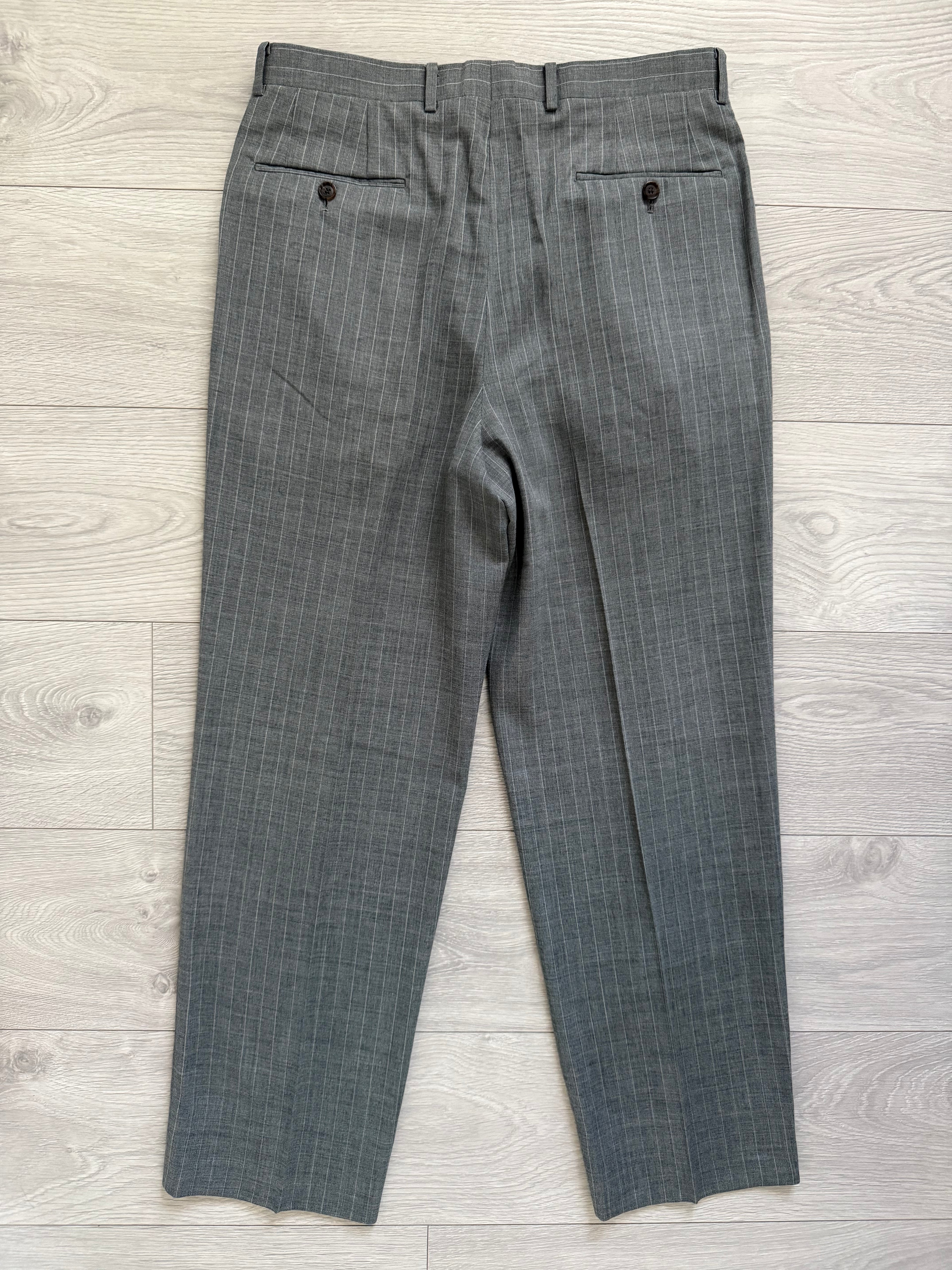 Dior 1980s Peak Lapel Double Breasted Pleated Grey Pinstriped Lightweight Suit - Size L Jacket / 33" Waist