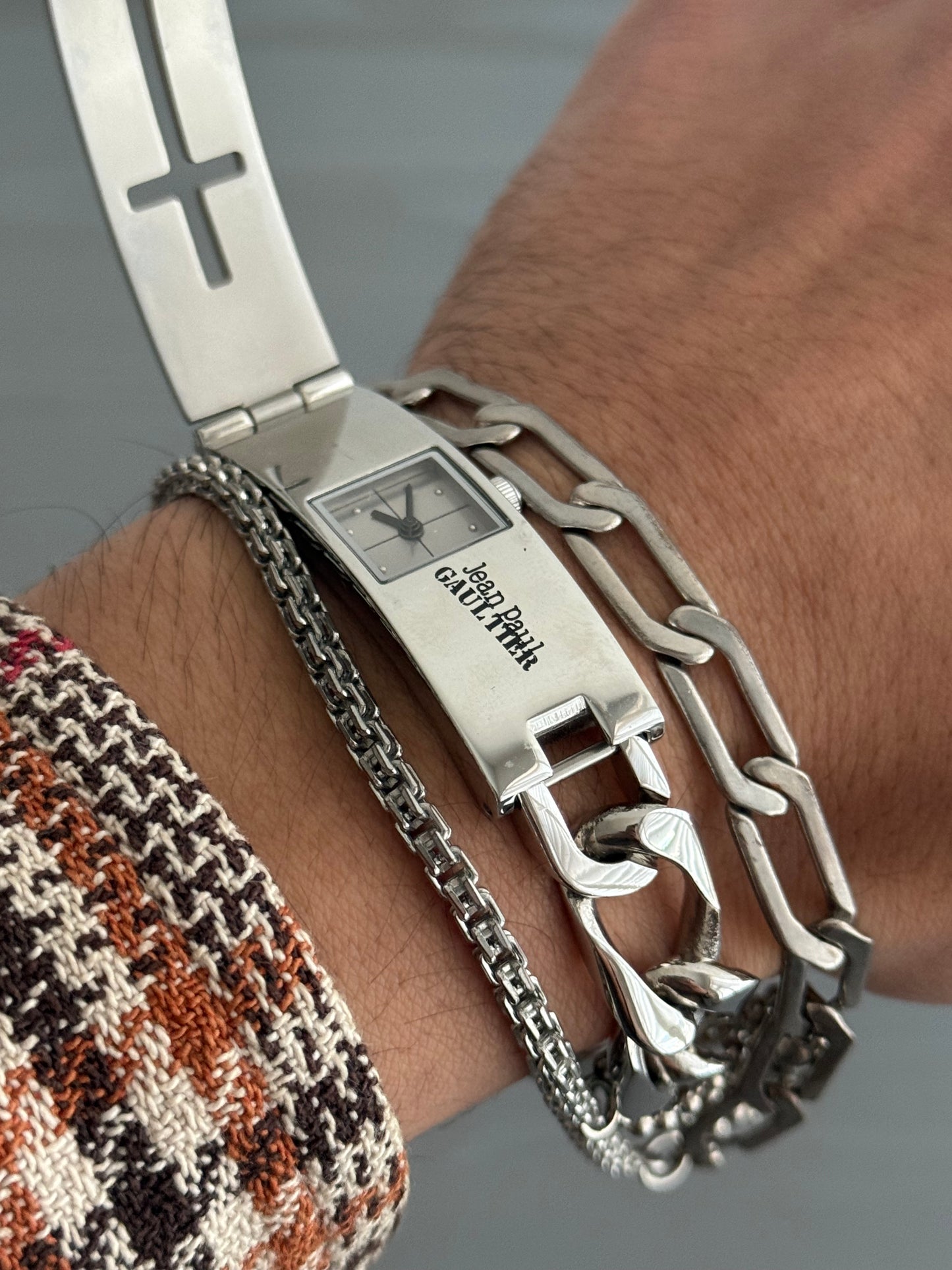 Jean Paul Gaultier Laser-Cut Cross Motif Stainless Steel Concealed Watch Bracelet