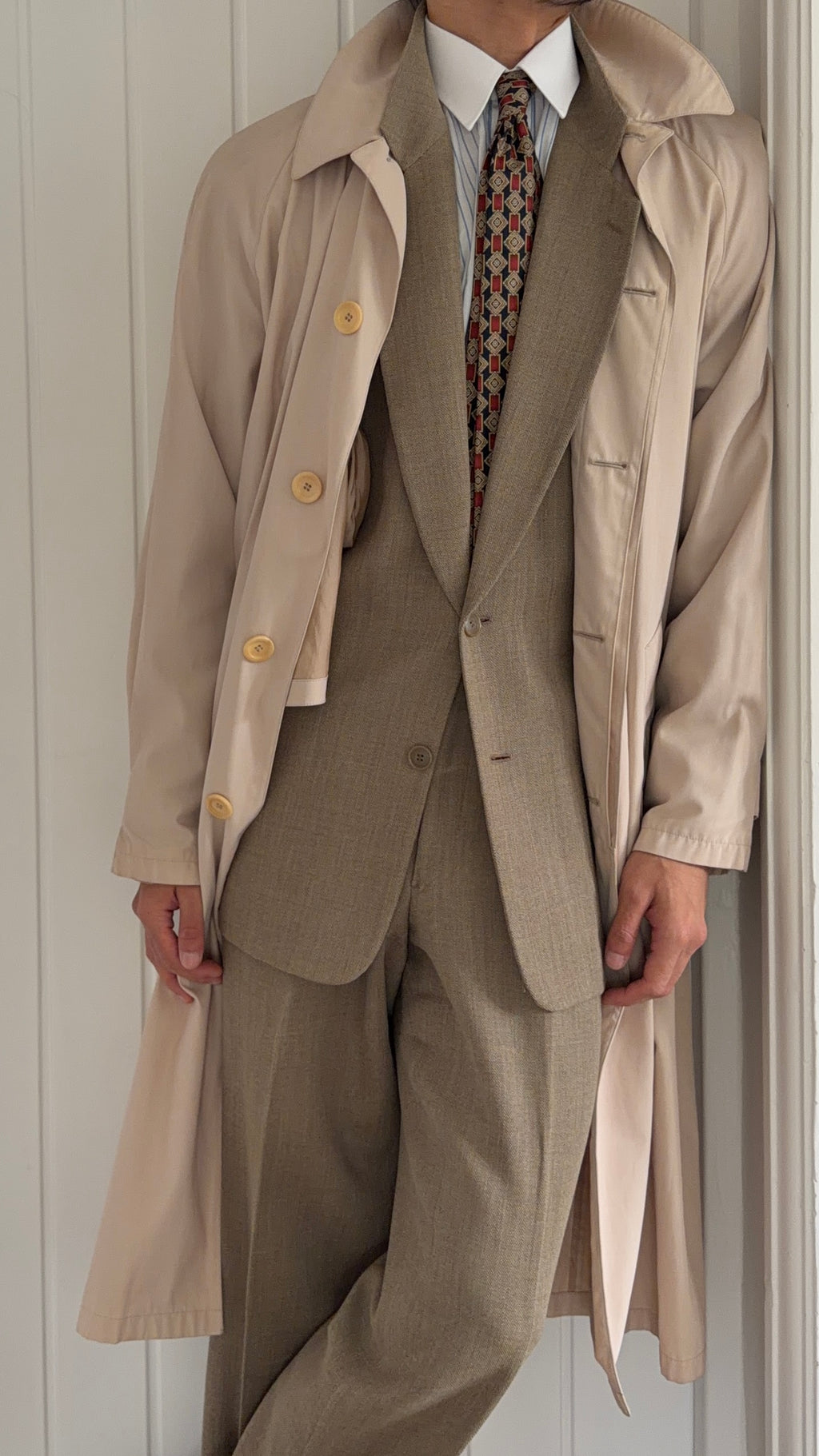 Giorgio Armani 1980s Taupe Beige Acetate Blend Mac Coat - Size L