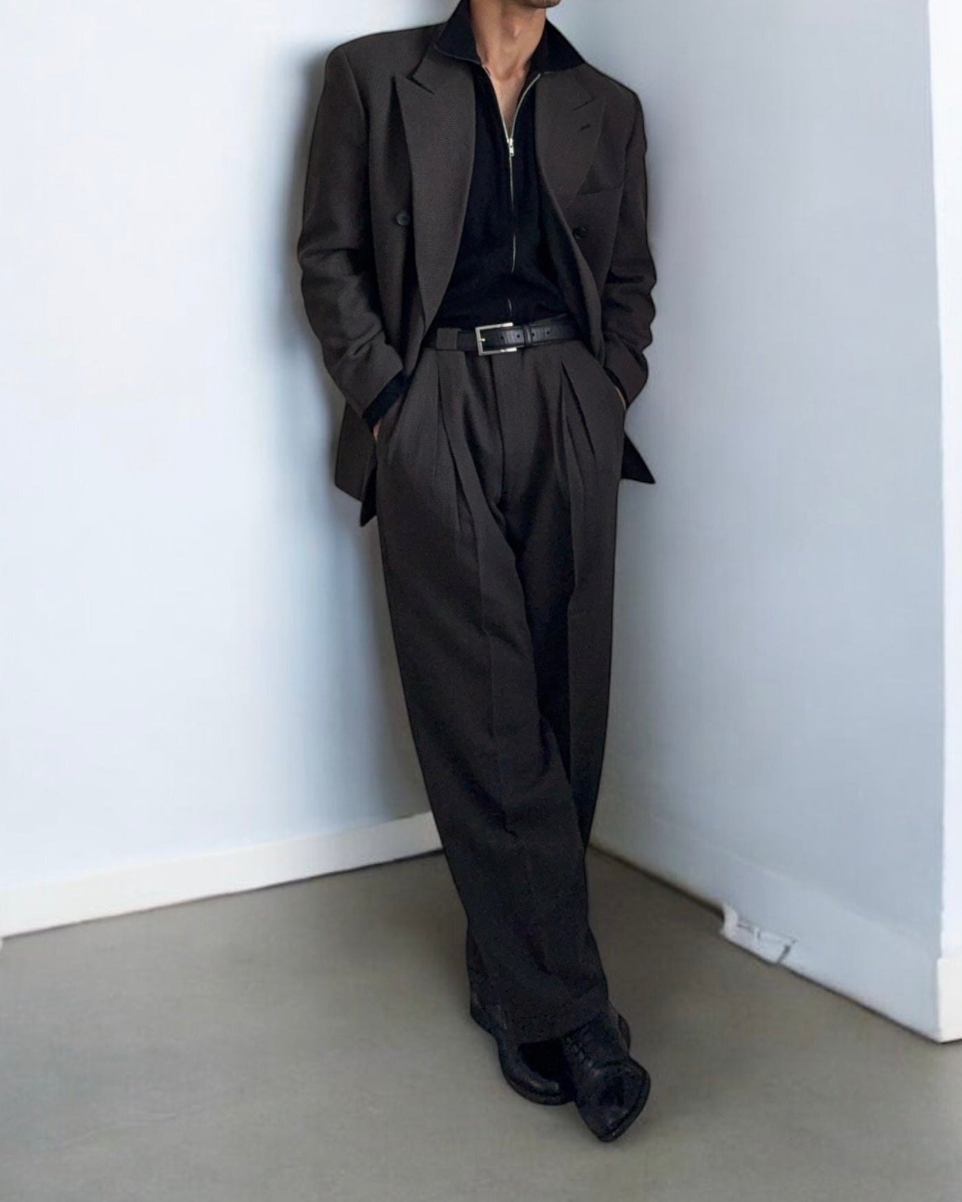 Giorgio Armani 1980s Double-Breasted Pleated Textured Wool Suit - Size L Jacket / 34" Waist