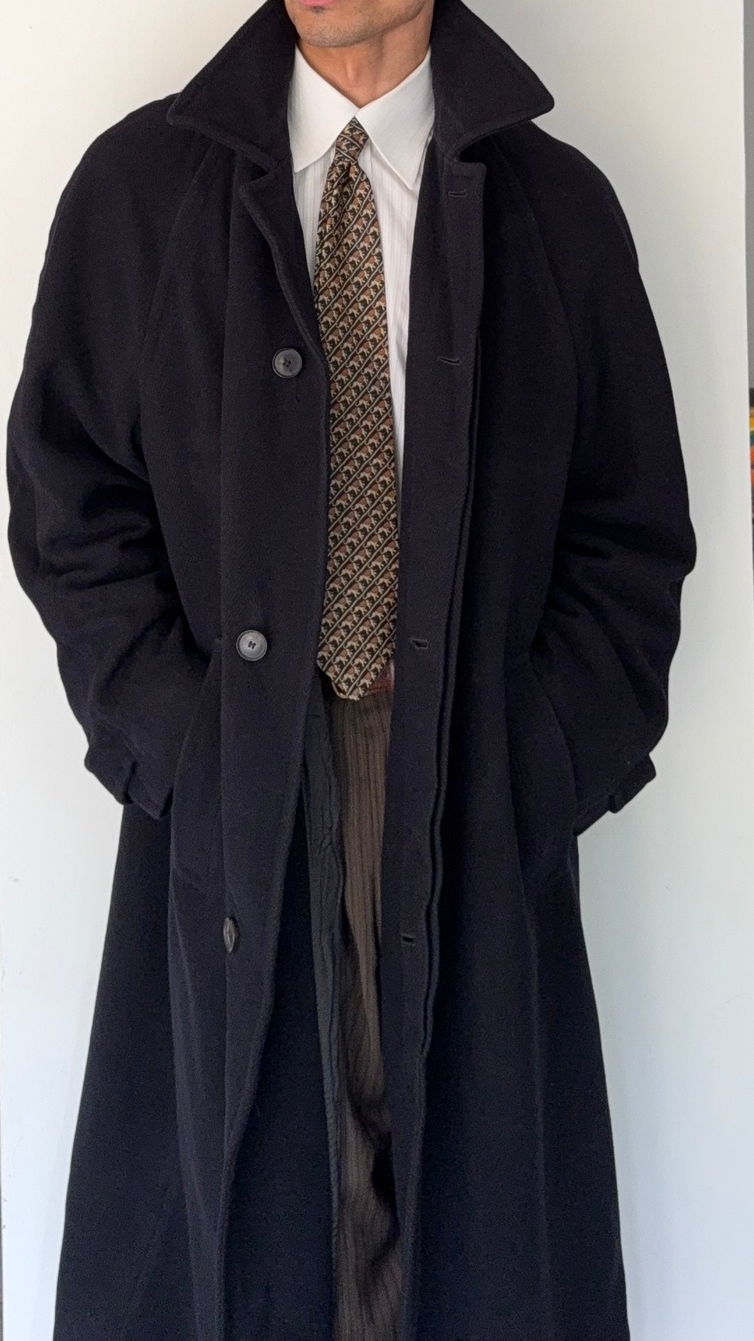 Hugo Boss 1980s Long Wool Herringbone Pea Coat - Size L
