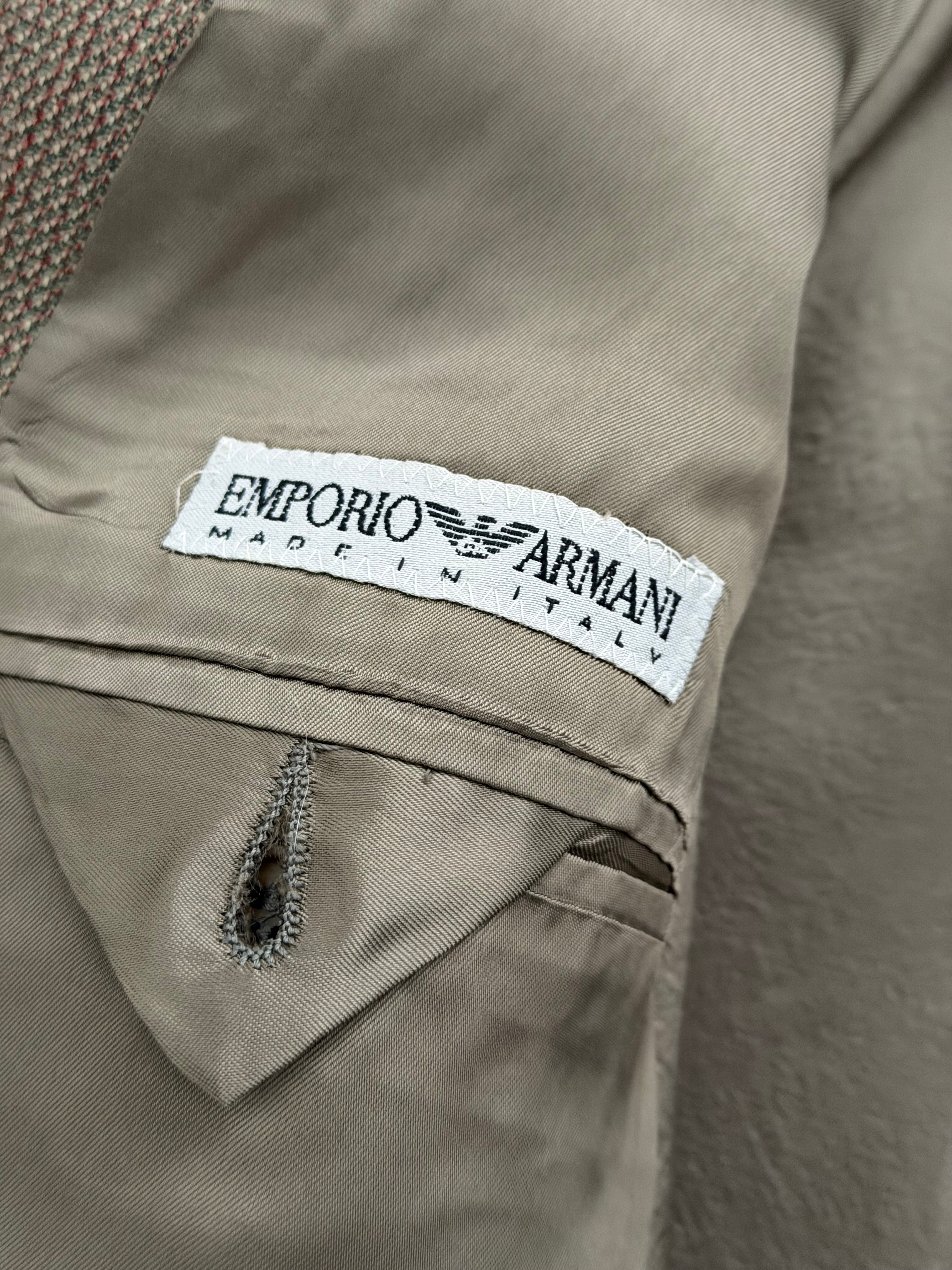 Emporio Armani 1990s Peaked Lapel Double Breasted Textured Weave Pleated Wool Suit - Size XL Jacket / 34" Waist