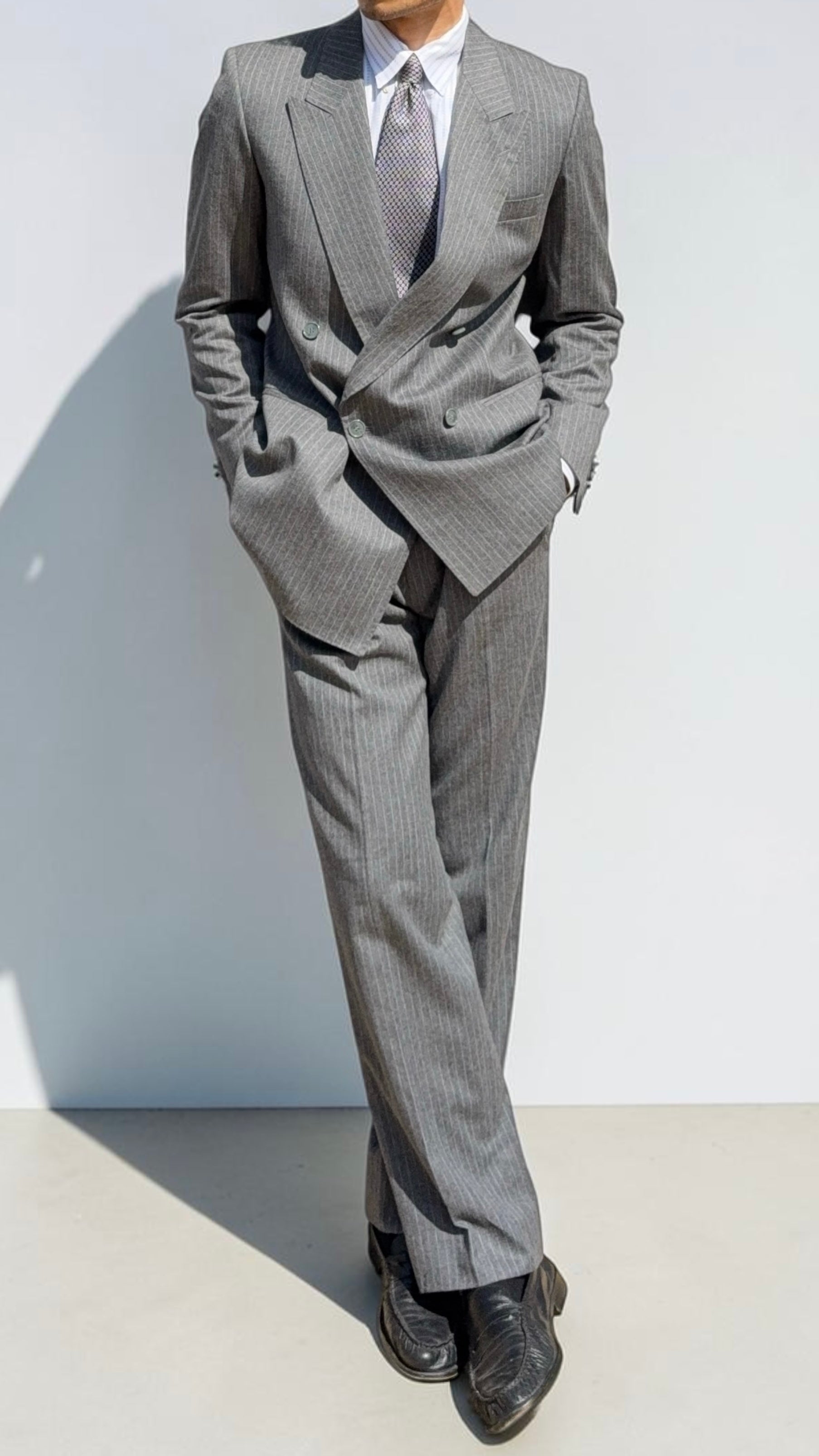 Vintage 1980s Double Breasted Peaked Lapel Pleated Merino Wool Grey Suit & Armani Tie - Size S Jacket / 30" Waist
