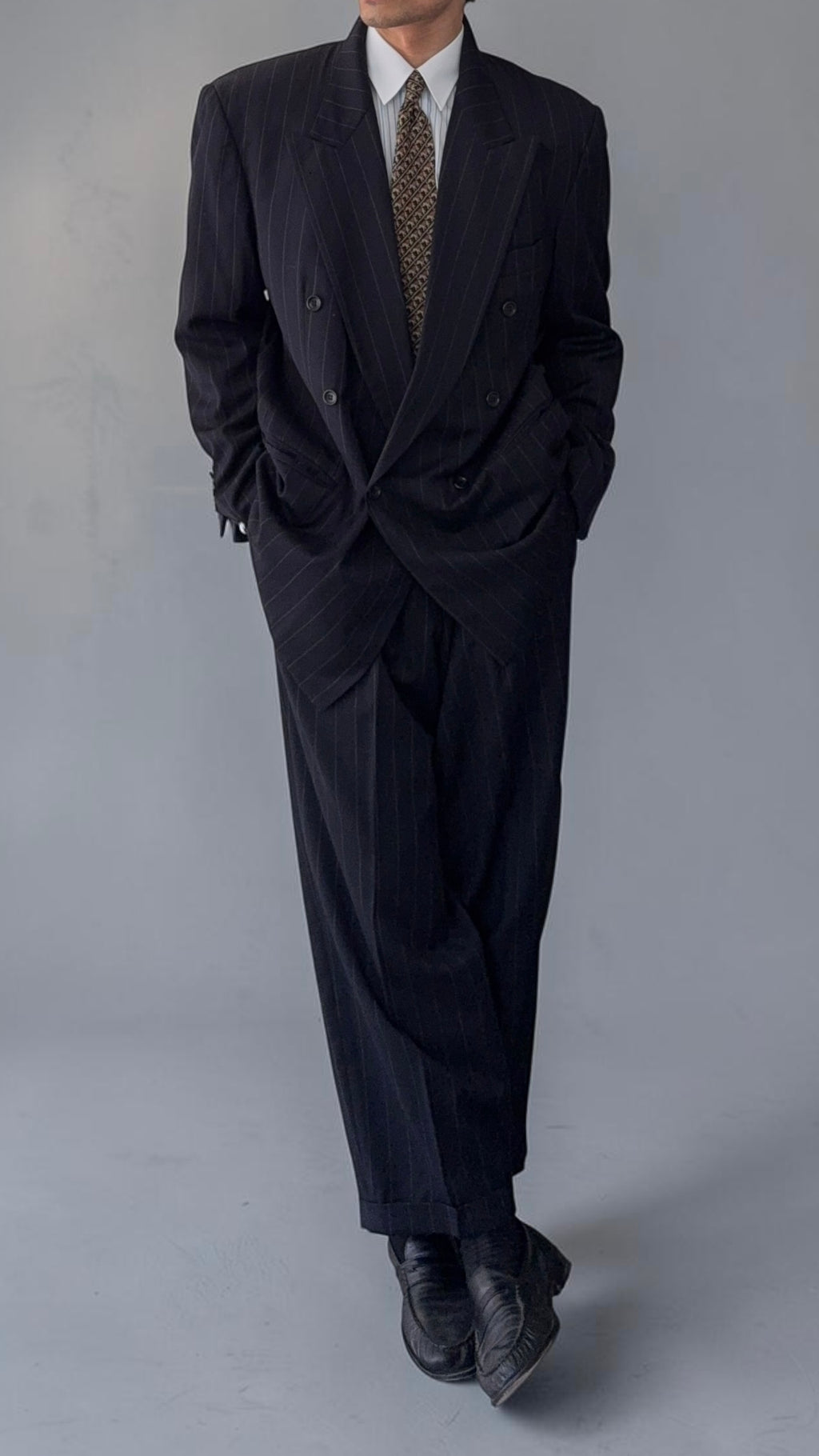 Hugo Boss 1980s 'Al Capone' Peak Lapel Double Breasted Pleated Striped Navy Suit - Size XXL Jacket / 36" Waist