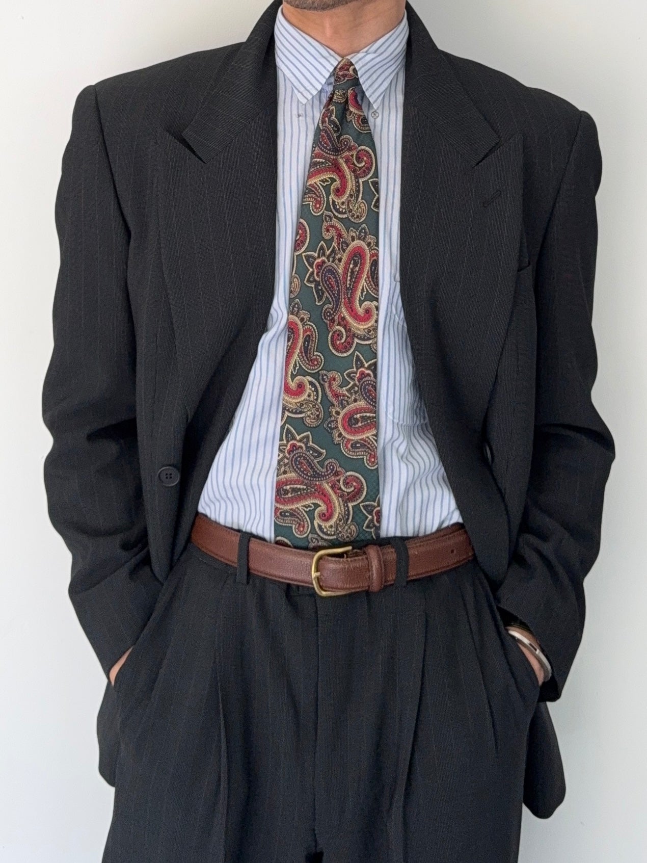 Giorgio Armani 1980s Peaked Lapel Double Breasted Wool Suit Green