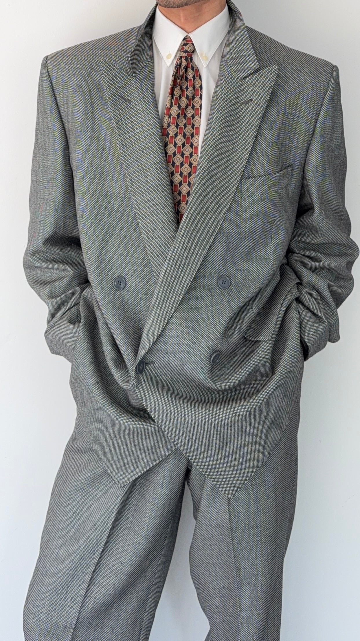Louis Feraud Armani 1990s Peaked Lapel Pleated Double Breasted Wool Suit - Size XL Jacket / 36" Waist