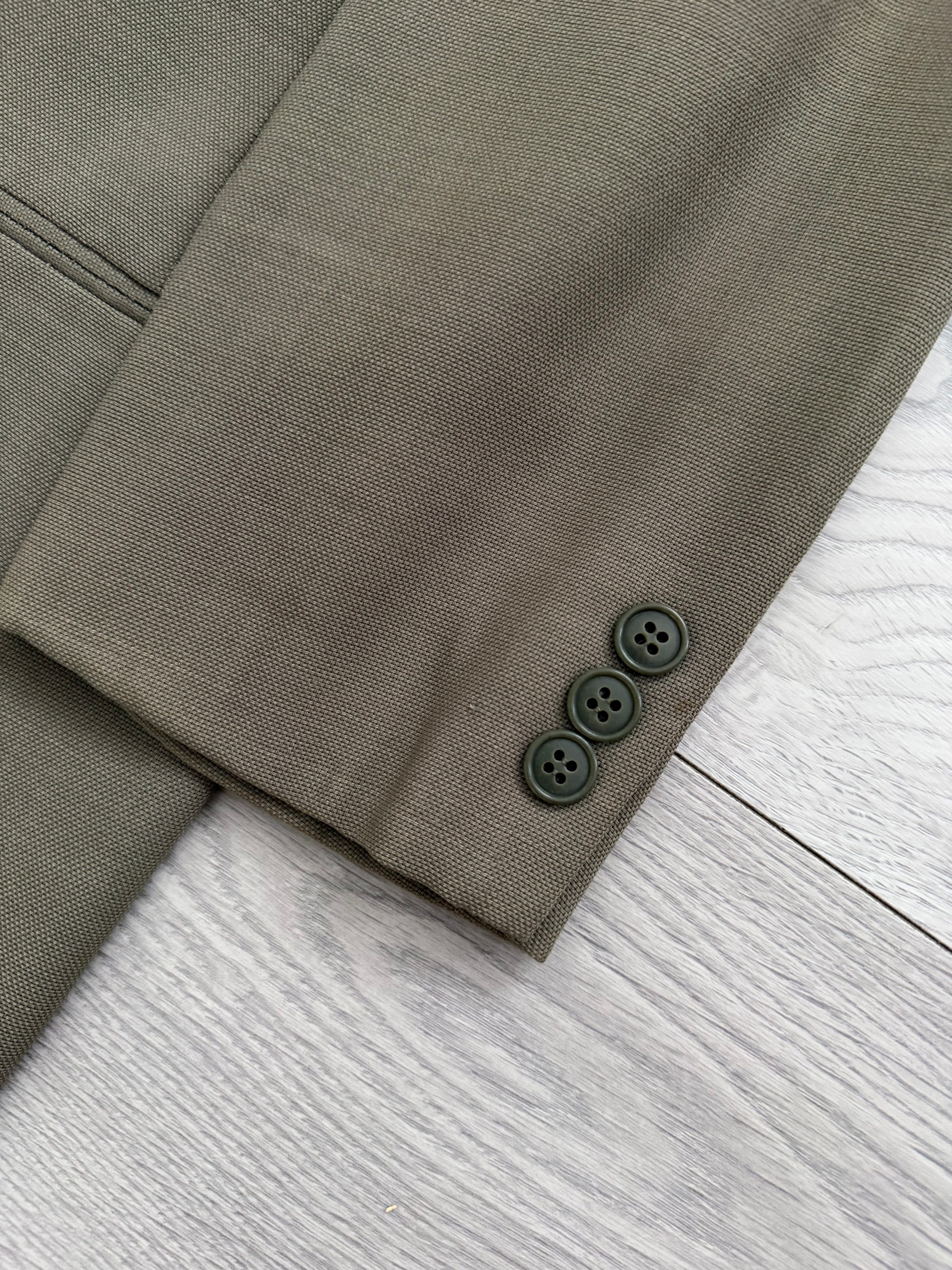 Giorgio Armani 1980s Taupe Green Peaked Lapel Double Breasted Pleated Wool Suit - Size S Jacket / 28" Waist
