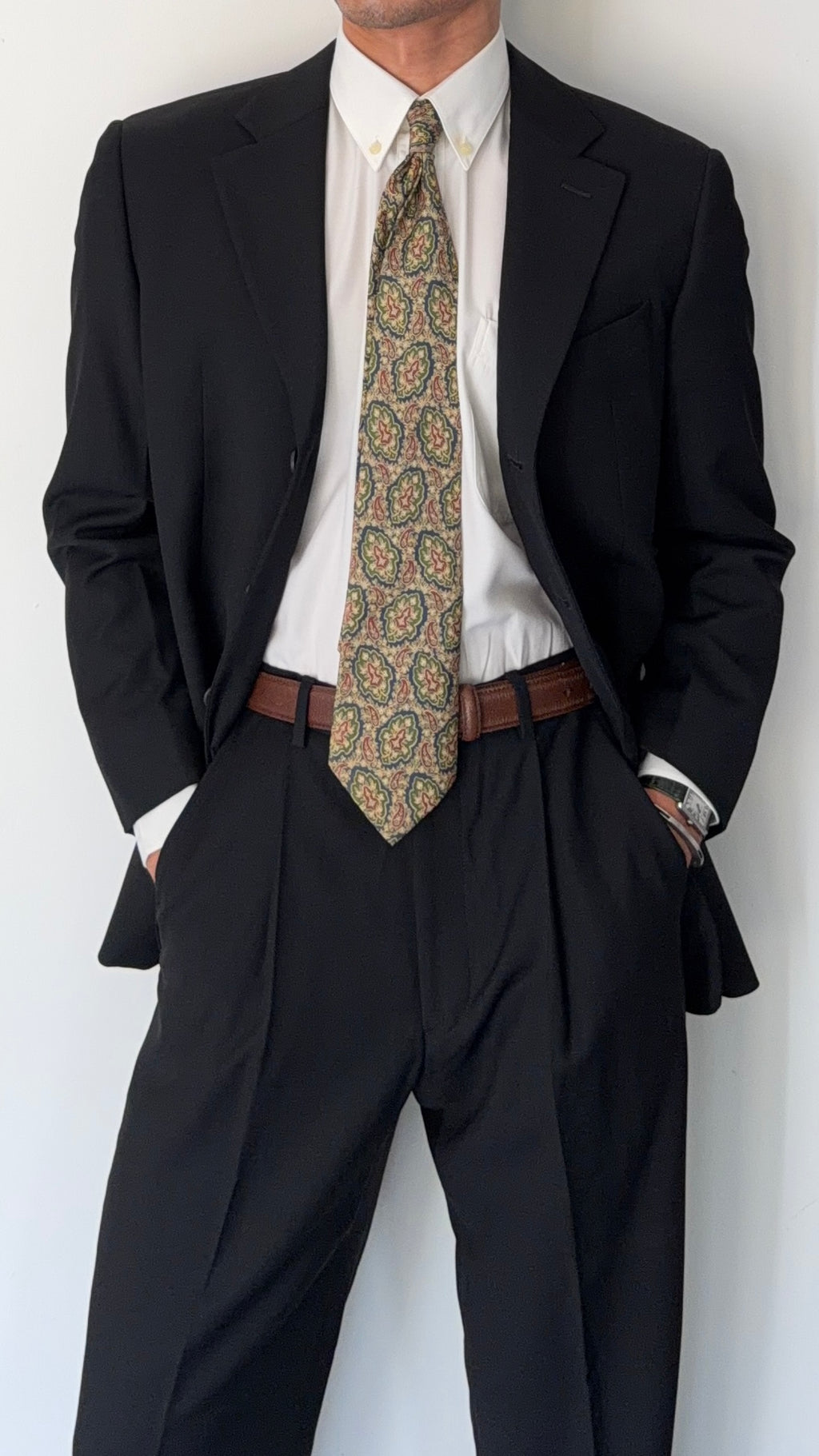 Armani 1990s 3B Wool Pleated Black Suit - Size S Jacket / 28" Waist