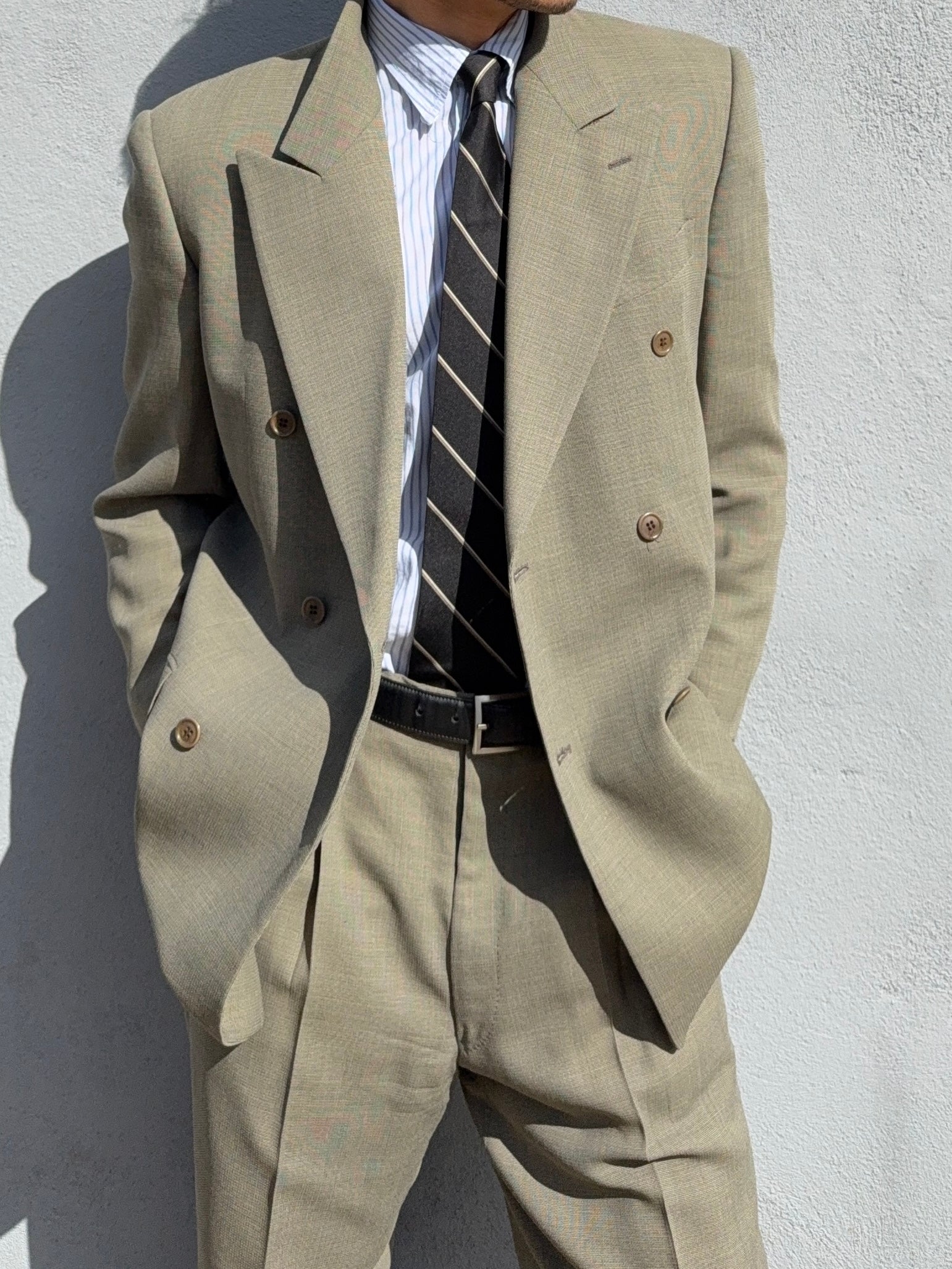 Valentino 1980s 6B Double Breasted Wool Power Suit in Taupe Olive - Size M Jacket / 32" Waist