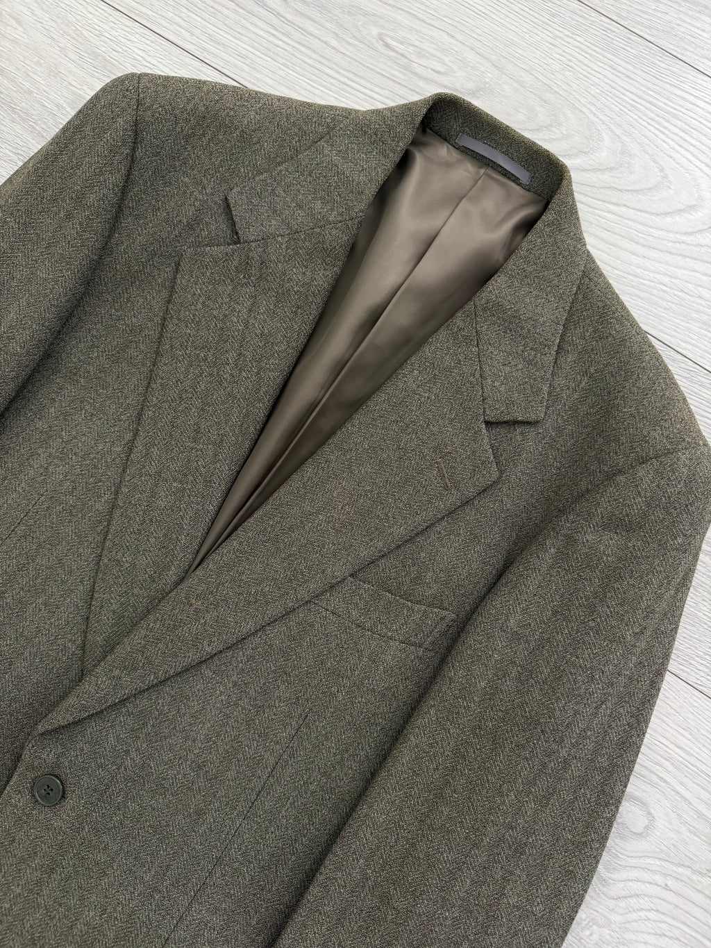 Calvin Klein 1990s 2B Herringbone Wool Double Pleat Suit Khaki Green - Size M Jacket / 32" Waist