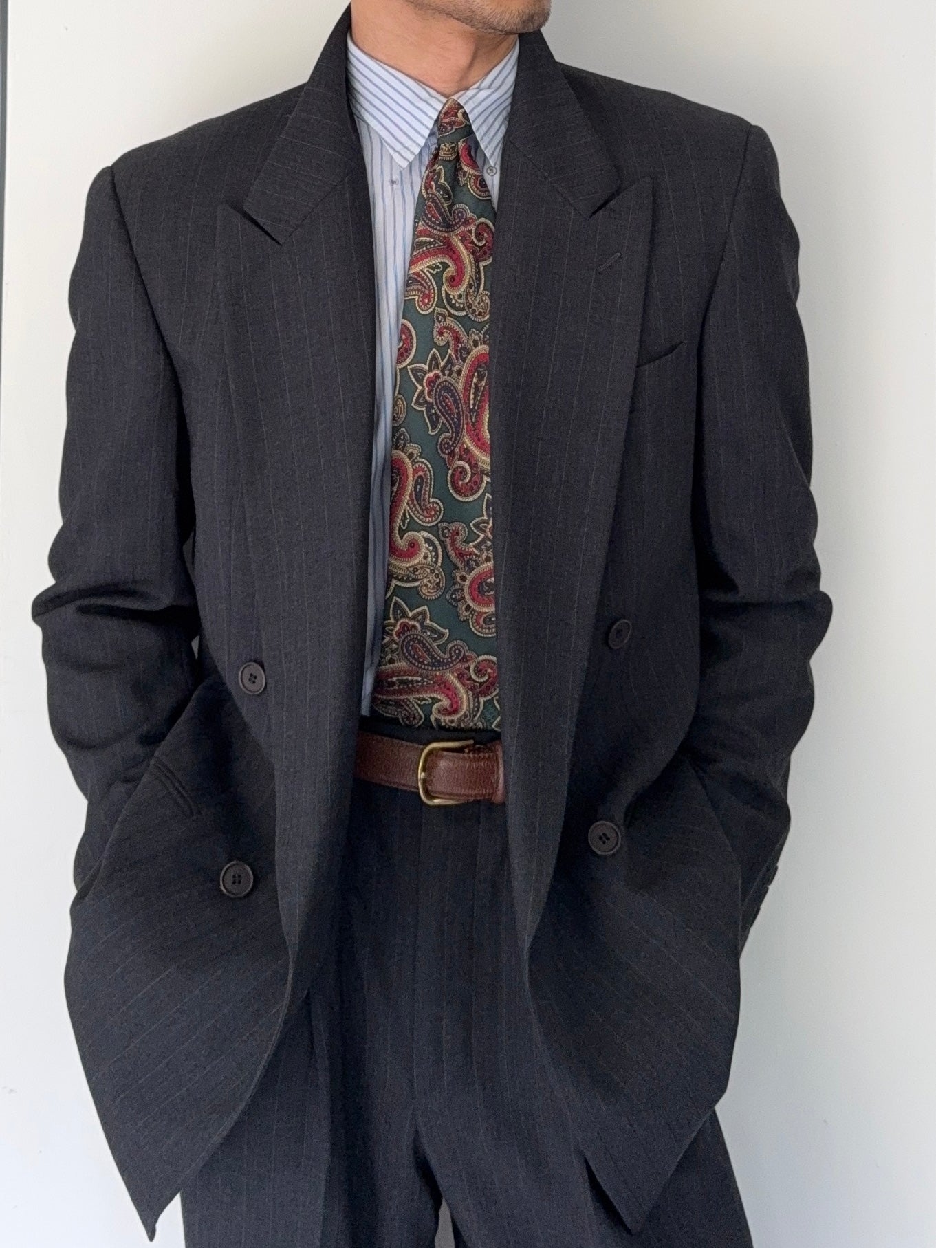 80’s GIRGIO ARMANI Vargin Wool Suit 50 Giorgio Armani 1980s Peaked Lapel Double Breasted Pinstriped Grey