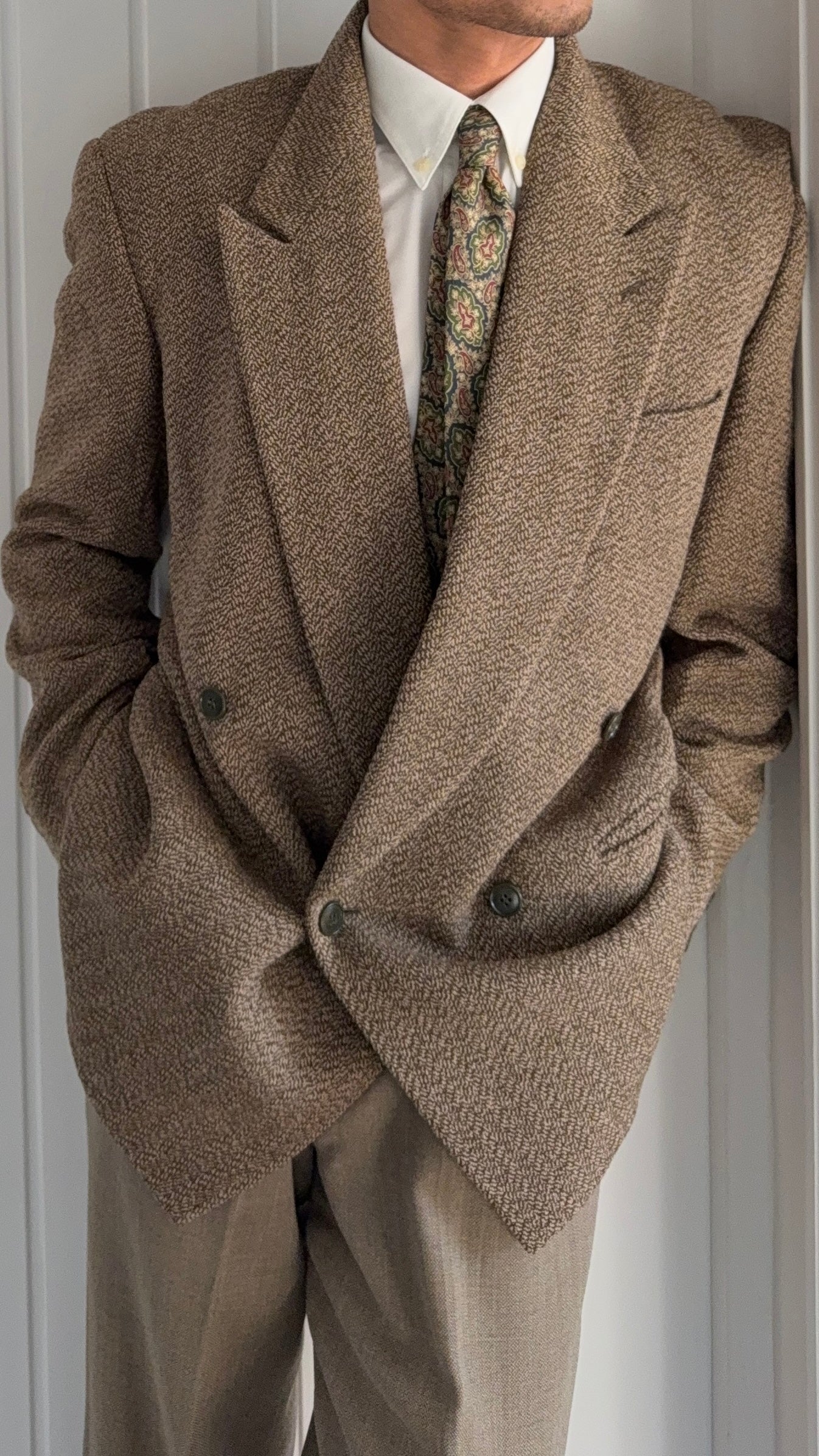 Giorgio Armani 1980s Peaked Lapel Double Breasted Textured Wool Sport Jacket Blazer - Size M