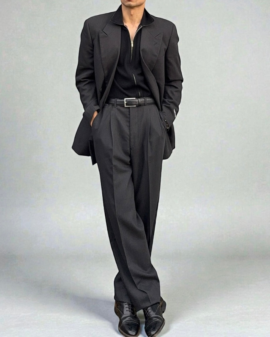 Giorgio Armani 1980s Double Breasted Pleated Wool Suit Black/Grey New - Size L Jacket / 32" Waist