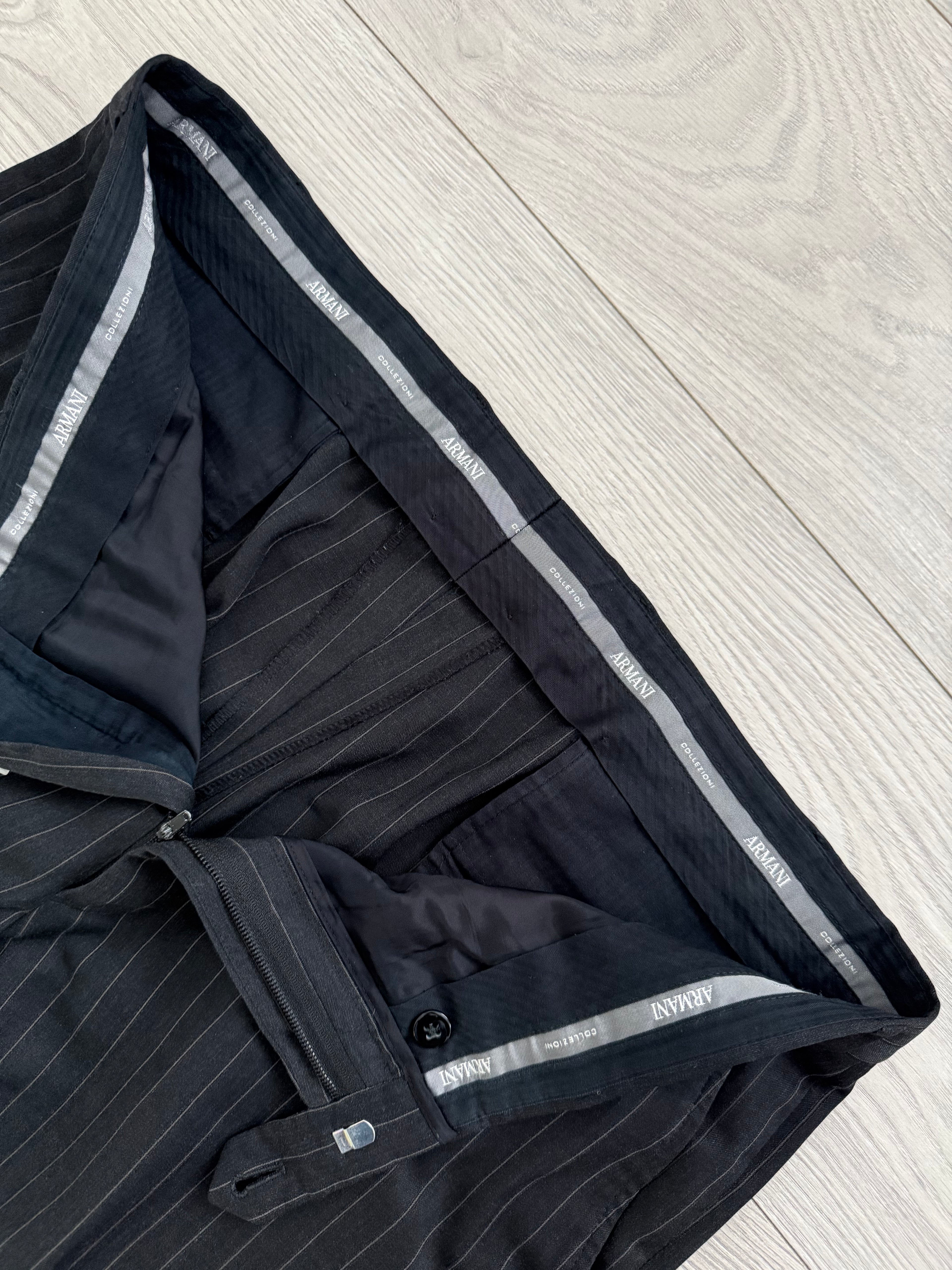 Armani 1990s 2B Charcoal Grey Striped Wool Suit - Size XXL Jacket / 38" Waist