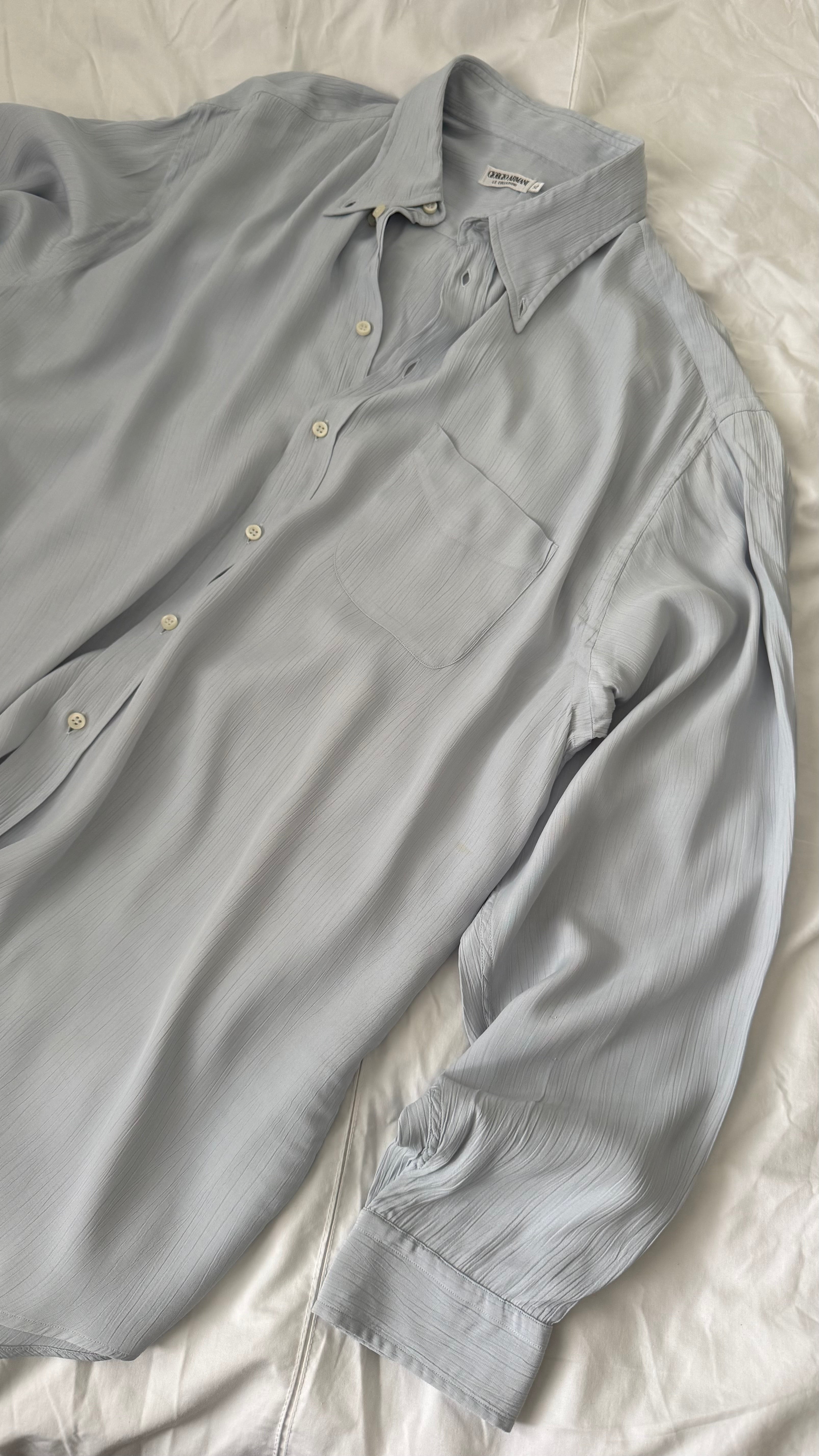 Giorgio Armani 1980s Chiffon Pleated Relaxed Blue Shirt - Size XL