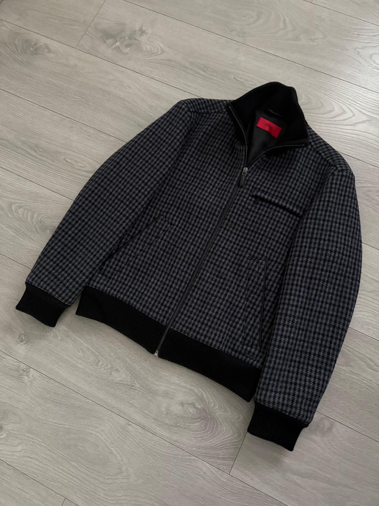 Hugo Boss Houndstooth Pattern Wool Bomber Jacket - Size S