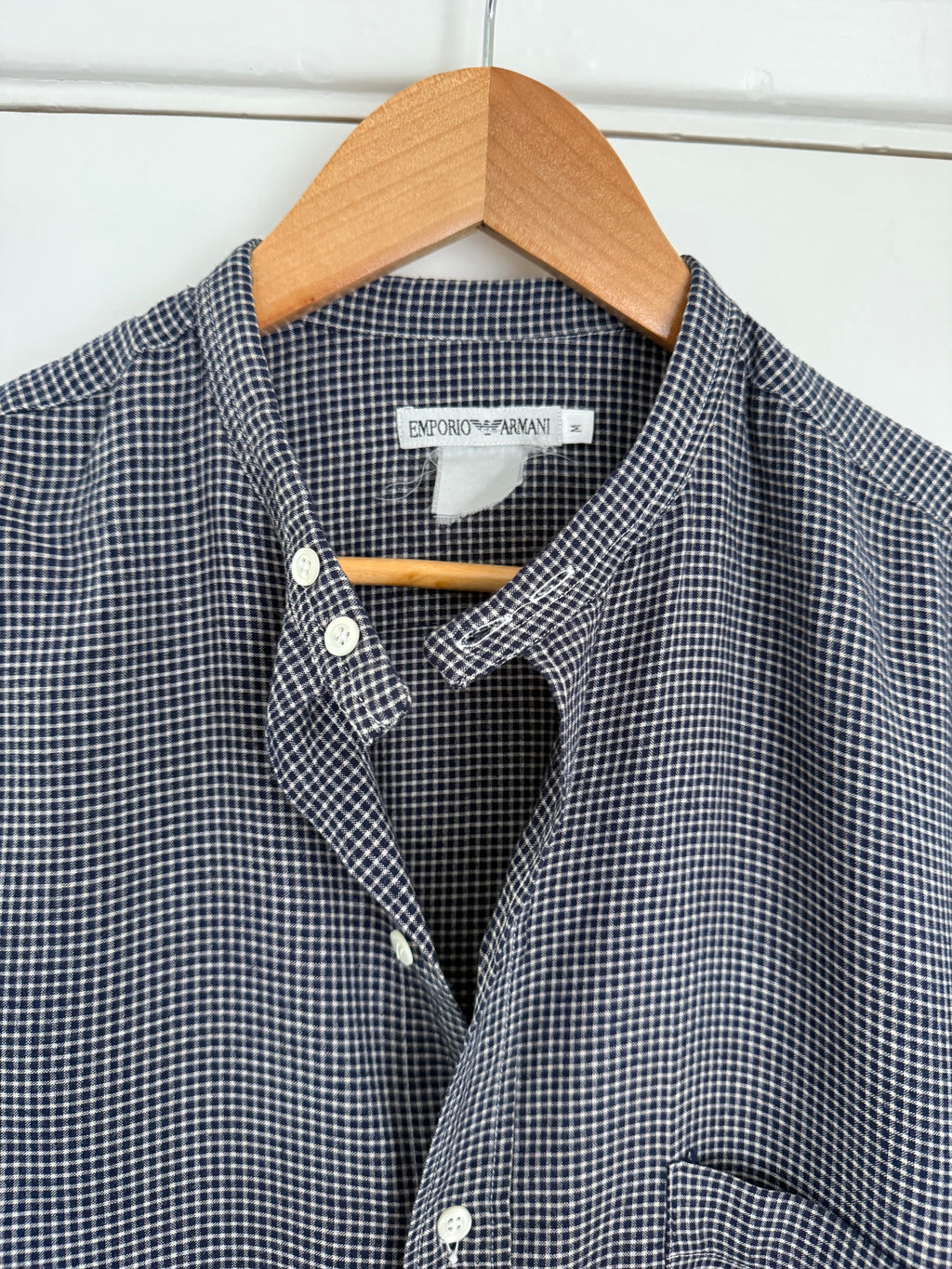 Emporio Armani 1980s Nehru Collar Relaxed Fit Check Shirt - Size L