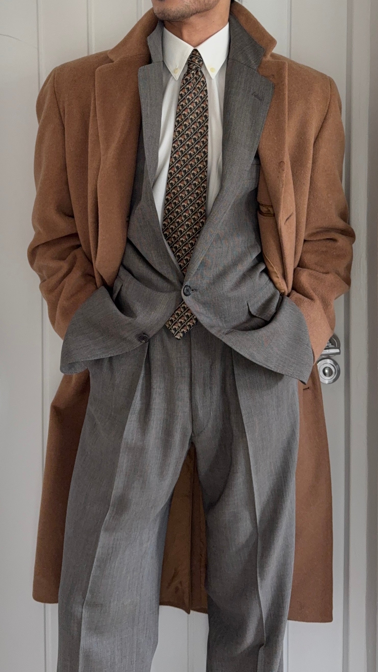 Hugo Boss 1980s Camel Brown Long Wool Overcoat Made in Italy - Size L