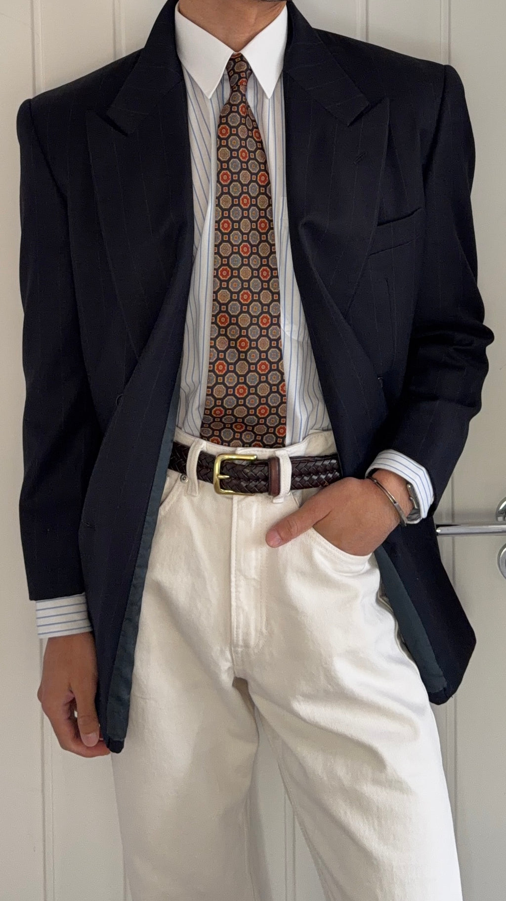 Giorgio Armani 1980s Peaked Lapel Double Breasted Navy Wool Sport Jacket Blazer - Size M