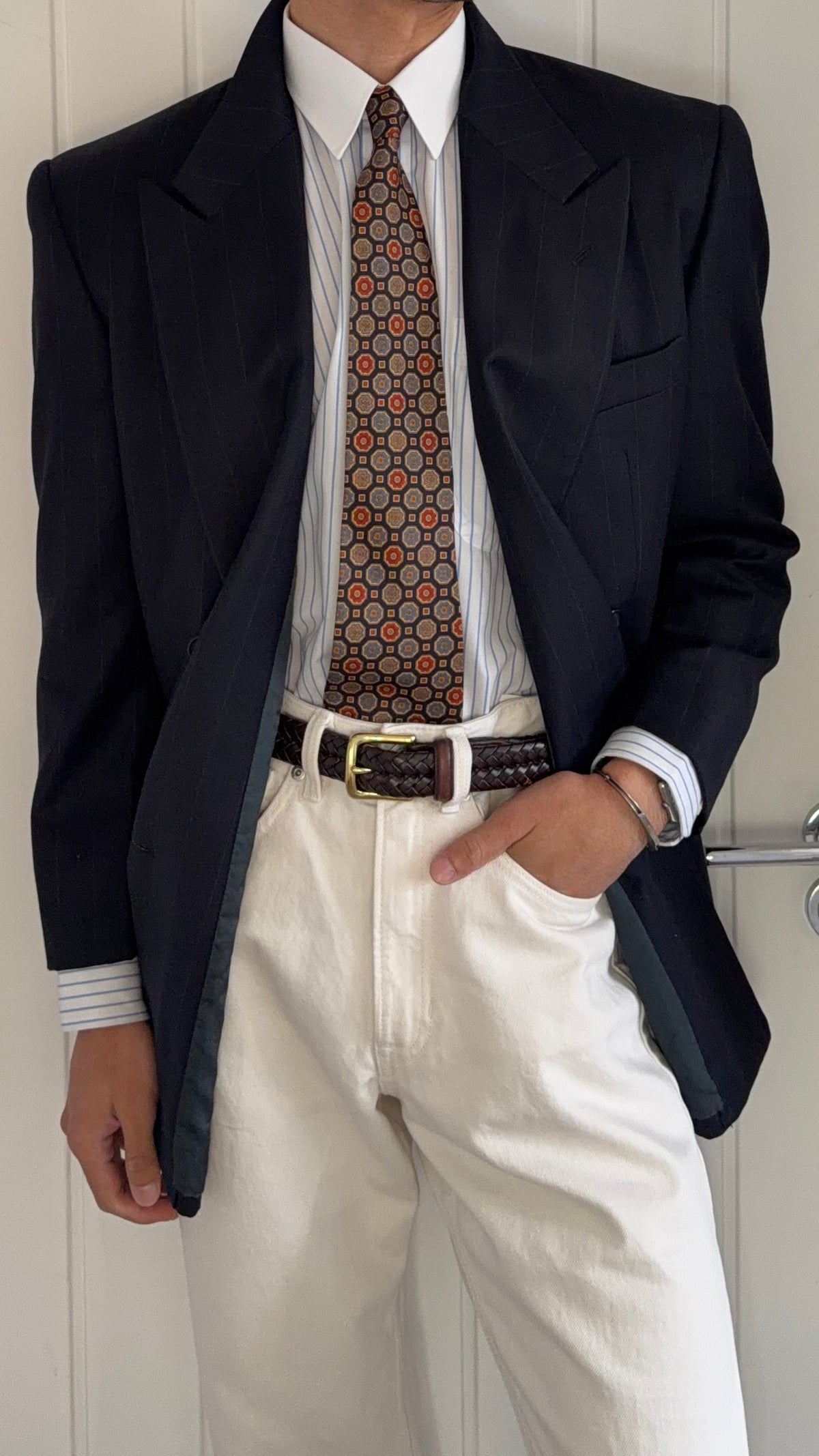 Giorgio Armani 1980s Peaked Lapel Double Breasted Navy Wool Sport Jacket Blazer - Size M
